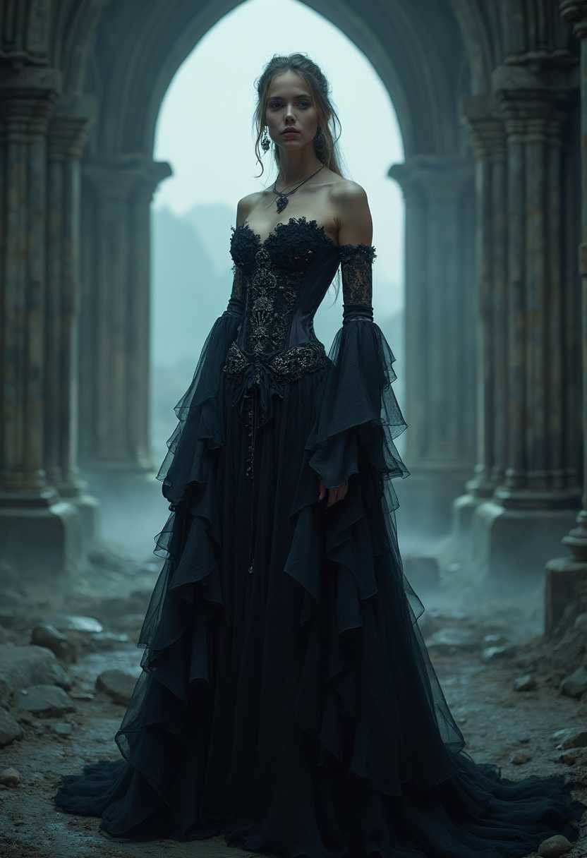 A striking portrait of a fit, thin, athletic female figure dressed in an elaborate gothic costume, featuring intricate black lace, velvet textures, and silver accents with ornate corsetry and dramatic flowing sleeves. She stands confidently in a haunting gothic background, surrounded by ancient stone architecture, crumbling cathedral ruins, and eerie mist swirling at her feet. The scene is illuminated by the soft, cold light of a full moon casting long shadows, with hints of deep indigo and charcoal tones dominating the color palette. The composition focuses on the woman as the central subject, captured from a low-angle perspective to emphasize her commanding presence, framed by towering gothic arches in the background. The mood is dark, mysterious, and melancholic, evoking a sense of timeless gothic romance. Rendered in the style of a high-definition cinematic photograph with a shallow depth of field, sharp details on the costume, and a soft, ethereal blur in the distant background, reminiscent of classic gothic literature illustrations.