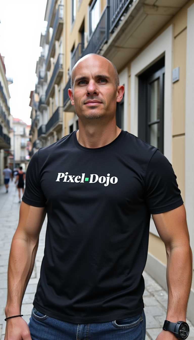 A hyper-realistic photograph of TOK, standing in front of a building in the streets of Lisbon wearing a t-shirt that says "Pixel Dojo"