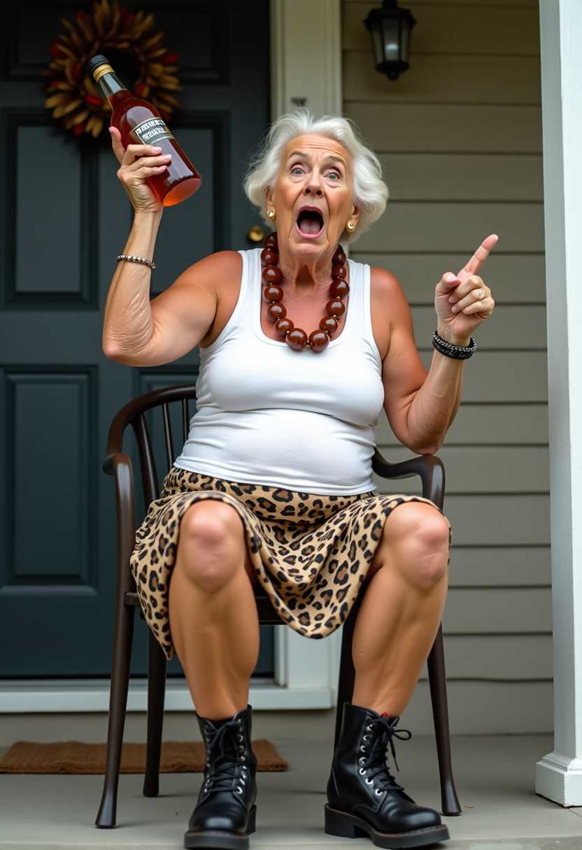 An elderly woman with exaggerated, wide-eyed features sits on a chair in a front porch, holding a bottle of amber liquid. Her elbows are up in the air in a protest. Elbows out to her side, holding a bottle in one hand and pointing with the other hand. She wears a white tank top, a leopard-print skirt, black combat boots, and a chunky amber necklace. Her expression is intense and slightly comical, with a mix of surprise and determination, set against a blurred background.