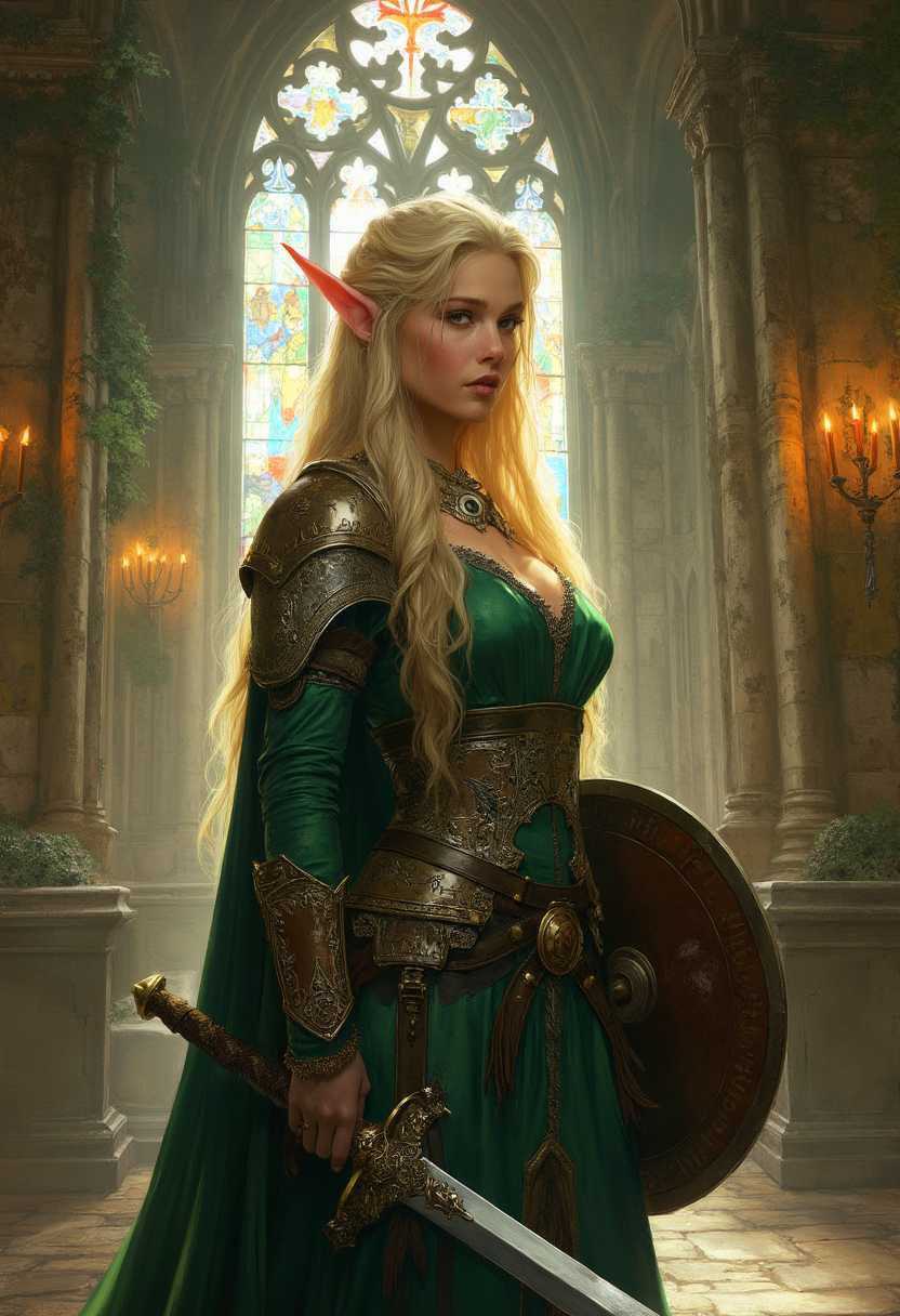 A stunning medieval fantasy portrait of a beautiful blonde elf warrior, standing proudly in the grand hall of an ancient castle. Her long, golden hair cascades over her shoulders, shimmering in the soft, warm light filtering through tall stained-glass windows. She wears an intricate green dress, richly embroidered with silver thread, paired with polished leather armor that gleams subtly under the torchlight. In one hand, she holds a finely crafted sword with an ornate hilt, its blade reflecting the flickering flames, while her other hand rests on a sturdy round shield adorned with elven runes and forest motifs. The castle's stone walls, weathered and moss-covered, rise around her, adorned with vibrant tapestries depicting epic battles and mythical creatures. The composition centers on the elf warrior, framed by the towering archways of the hall, with a low camera angle emphasizing her strength and nobility. The mood is majestic yet serene, with a timeless, ethereal atmosphere, as if captured at golden hour, with dust motes dancing in the light. Rendered in the style of classic fantasy art, reminiscent of Frank Frazetta, with hyper-detailed textures, dramatic chiaroscuro lighting, and a painterly finish, evoking a sense of epic storytelling.