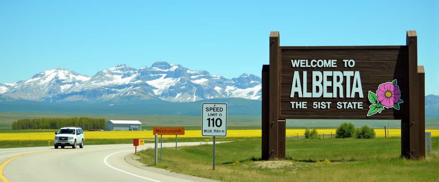 photo of ABSIGN, This image captures a scenic roadside view, likely taken during the daytime given the natural lighting. The art style is realistic photography, with a focus on naturalistic elements and a clear depiction of the landscape. The medium appears to be a high-resolution photograph, given the sharpness and clarity of the details. The colors in the image are rich and varied, with a predominance of greens, yellow, blue from the Canola, Canadian rockies and the wooden sign. The sky is a soft blue, providing a contrast to the darker tones of the foreground. The road is a grey asphalt, with the yellow lines indicating the lanes. The white vehicle in the distance adds a pop of color to the otherwise earthy palette.The objects in the image include a large wooden welcome sign on the right side, which reads "WELCOME TO ALBERTA" on the bottom "THE 51st STATE" and features a stylized wild rose graphic. The sign is mounted on a wooden frame and supported by two posts, one on each side. The background of the sign is a rich, dark brown, which contrasts with the white text and the bright pink flower graphic on the right side of the sign. The road curves gently to the left, with a white speed limit sign indicating a maximum speed of 110 km/h in black sans serif font. On the left side of the road, there is a fields of Canola, with a grain orange elevator. Beyond the canola fields, the majestic Rocky Mountains rise, with snow capped peaks and rugged terrain, indicating a high altitude and possibly a cold climate. The mountains are the focal point of the image, dominating the background and providing a sense of grandeur and natural beauty. The sky above the mountains is clear blue sky, with a few clouds, contributing to the serene and tranquil atmosphere of the scene. The overall composition of the image creates a sense of welcoming and invites the viewer to explore the natural beauty of Alberta.
