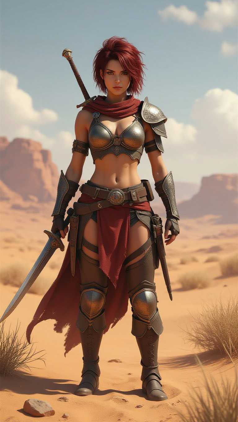 This image is a 3D rendered digital artwork, showcasing a female warrior with short dark red messy hair, standing confidently in a desert landscape. The art style is highly detailed and realistic, with a focus on the characters muscular build and the intricate textures of her armor and weapons.The medium appears to be a highend 3D modeling software, likely utilizing advanced rendering techniques to achieve the lifelike quality of the image. The lighting and shadows are particularly wellexecuted, creating a sense of depth and realism in the desert environment.The colors in the image are warm and earthy, with the reds and browns of the desert sand dominating the scene. The warriors skin tone is a light tan, providing a contrast against the darker tones of her armor and weapons. The metallic sheen of her armor and weapons adds a touch of coolness to the otherwise warm palette.The objects in the image include the warrior herself, who is the central figure. She is wearing a detailed, golden armor with a high neckline and a matching skirt, both adorned with circular studs. Her muscular physique is on full display, with defined abs and arms. she has short dark red messy hair. In her right hand, she wields a long, straight sword with a gleaming silver blade and a dark hilt. In her left hand, she holds a battle axe with a curved blade and a spiked head, finished in a similar dark tone to the sword.The background of the image is a vast desert landscape, with rolling dunes and sparse vegetation. The sky is a clear blue, with wispy clouds drifting across the horizon, and the sun casts a warm, golden glow over the entire scene, highlighting the textures and contours of the landscape and the warriors armor.