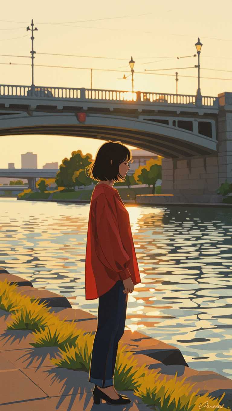 This image captures a moment of tranquil beauty, likely taken during the golden hour of sunset. The subject is a person standing by a body of water, possibly a river or a lake, under the shadow of a bridge. The art style of the photograph is naturalistic, with a focus on the interplay of light and shadow, and the textures of the subjects clothing and the water.The medium appears to be digital photography, given the clarity and sharpness of the image. The colors are warm and muted, with the red of the subjects blouse standing out against the cooler tones of the water and the gray of the bridge. The golden hour light bathes the scene in a soft glow, highlighting the gentle ripples on the waters surface and casting long shadows.The subject is wearing a red blouse with ruffled sleeves and a highwaisted skirt with buttons down the front. The blouse has a vintage or retro feel, with its ruffles and button details, while the skirt has a more structured appearance. The persons hair is dark red and messy in a short cut, and the way it falls around their shoulders adds to the overall softness of the image.The bridge in the background is a simple, industrial structure, with a grid of beams and support columns. The water is calm, with no visible movement, and the reflection of the bridge and the sky in the waters surface adds to the stillness of the scene. The horizon line is obscured by the bridge, drawing the viewers eye to the subject and the water.Overall, the image evokes a sense of peaceful solitude, with the subject appearing contemplative and at ease in the natural setting. The composition is balanced, with the subject positioned offcenter to the right, allowing the viewer to take in the full scene without feeling crowded. The interplay of light and shadow, along with the textures and colors, creates a harmonious and aesthetically pleasing image.