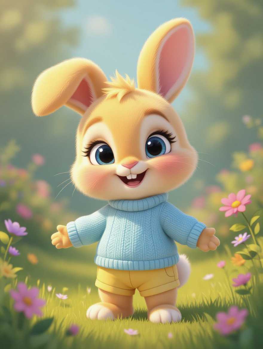 A cheerful and friendly cartoon bunny character named Sunny Bunny, designed for toddlers aged 1-3, depicted as a  pastel yellow tailess baby rabbit with a very velvety texture. Sunny Bunny has large, expressive, sparkling blue eyes full of warmth and curiosity, a bright, welcoming smile, and one ear slightly playfully tipping down for added charm. The character wears a cozy, light blue sweater with a subtle knit pattern and soft, pastel yellow shorts, enhancing the cuddly and approachable look. Rendered in a vibrant, colorful 2D cartoon style with smooth gradients and rounded shapes reminiscent of classic children’s animation, the image captures Sunny Bunny in a dynamic, playful pose—with arms up and outstretched, exuding energy and kindness. The composition centers Sunny Bunny against a white background. The lighting is bright and warm, mimicking a sunny morning around the character to emphasize a safe, joyful mood. The camera angle is slightly low, looking up at Sunny Bunny to make the character appear friendly and inviting to young viewers, framed in a wide shot. This design is tailored as the perfect mascot for a children’s educational YouTube Kids channel, radiating curiosity and kindness.