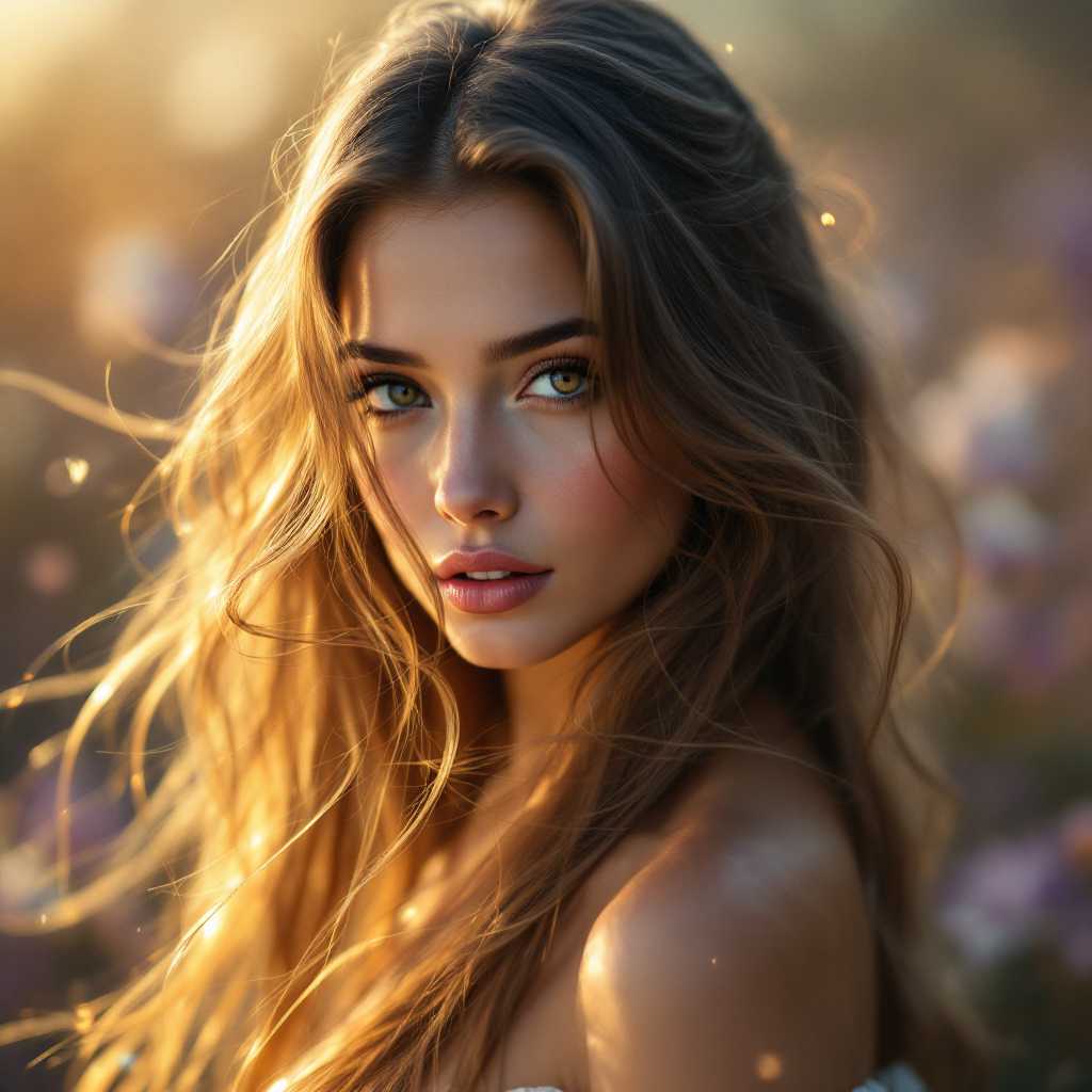 A captivating portrait of a woman with long, flowing hair cascading over her shoulders like a silken waterfall, strands catching the light with subtle highlights of golden and chestnut tones. Her face is softly illuminated, with delicate features and expressive eyes that convey a sense of quiet strength and mystery. The background is a dreamy, blurred gradient of warm amber and cool lavender hues, creating a bokeh effect as if captured with a shallow depth of field. The composition focuses tightly on her face, framed slightly off-center, with her hair dynamically sweeping across the frame, adding movement and energy to the image. The style is reminiscent of a romantic Renaissance painting, with rich textures and a painterly softness, rendered in high detail. The mood is serene yet enigmatic, evoking a timeless beauty under the gentle glow of golden hour lighting, with a faint breeze implied in the motion of her hair.