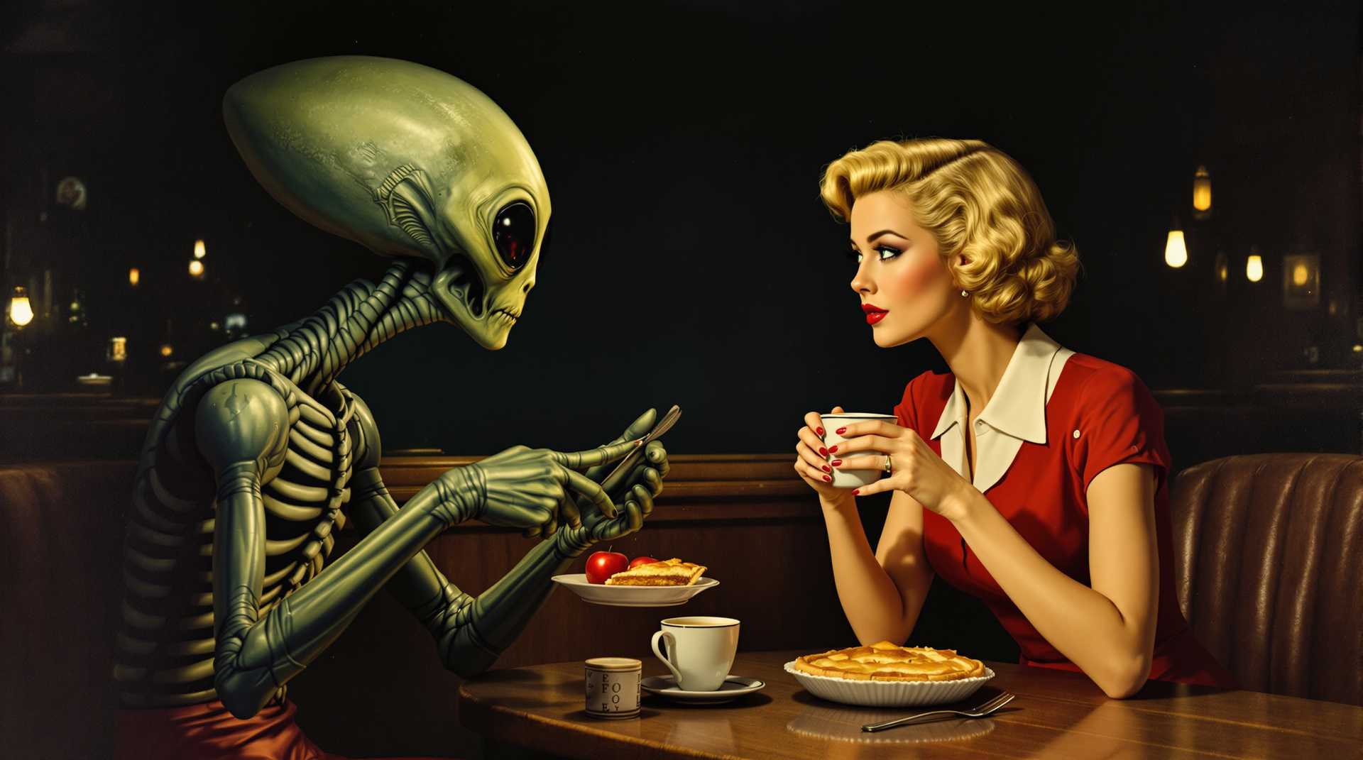 in the late 1940s, an alien and a pretty woman with short blonde hair, wearing a red dress with a white collar, are sitting in a cafe eating apple pie and drinking coffee.  Outside it is dark.   A norman rockwell style painting