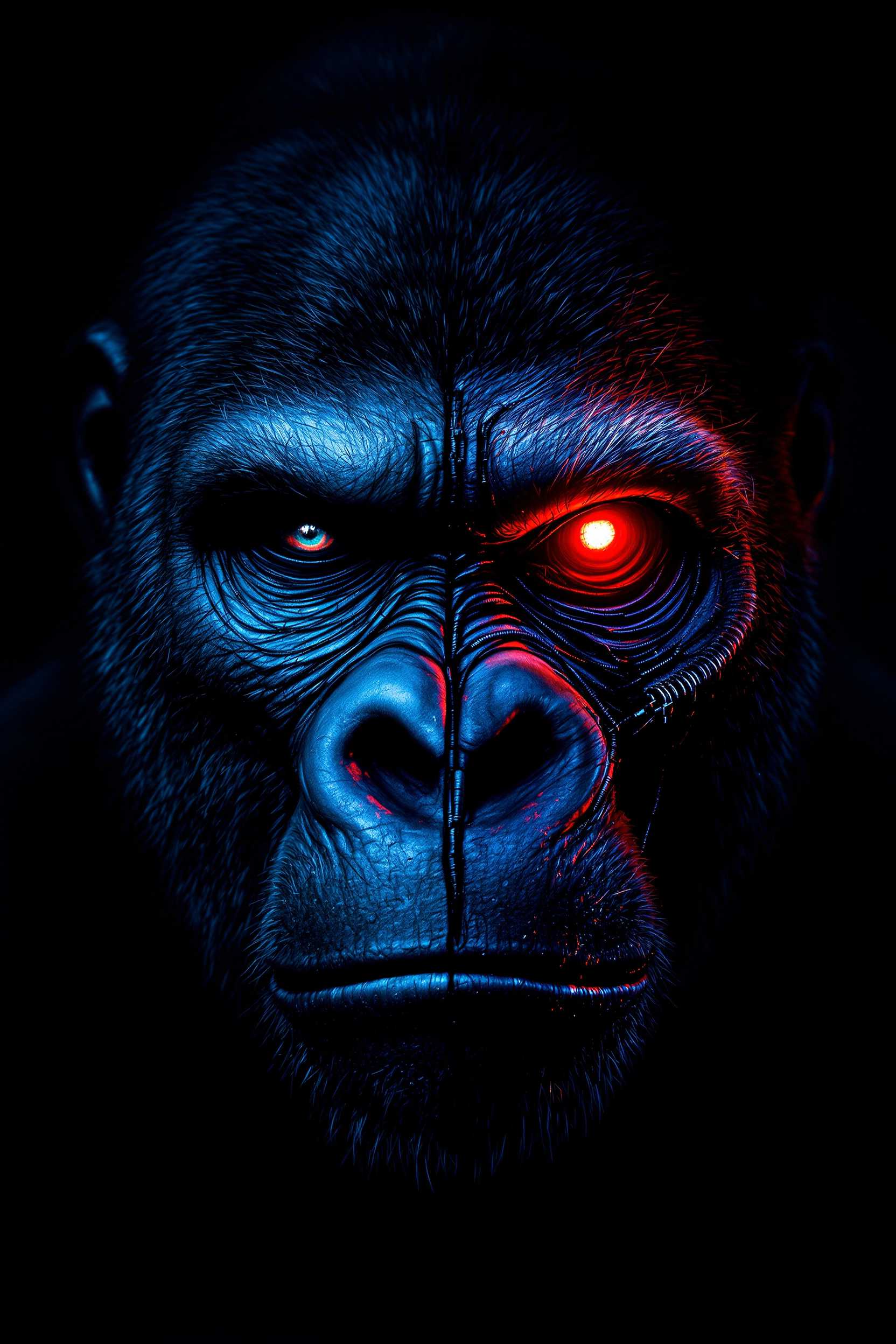 The image shows a grim, stylized portrait of a gorilla with a cyberpunk-like appearance. The left half of the face looks animalistic, while the right side is cybernetically altered - with a glowing red mechanical eye and black wires or scars stretching over the skin. The lighting is dramatic, with cold blue light and strong shadows, which gives the picture an intense, mysterious atmosphere.