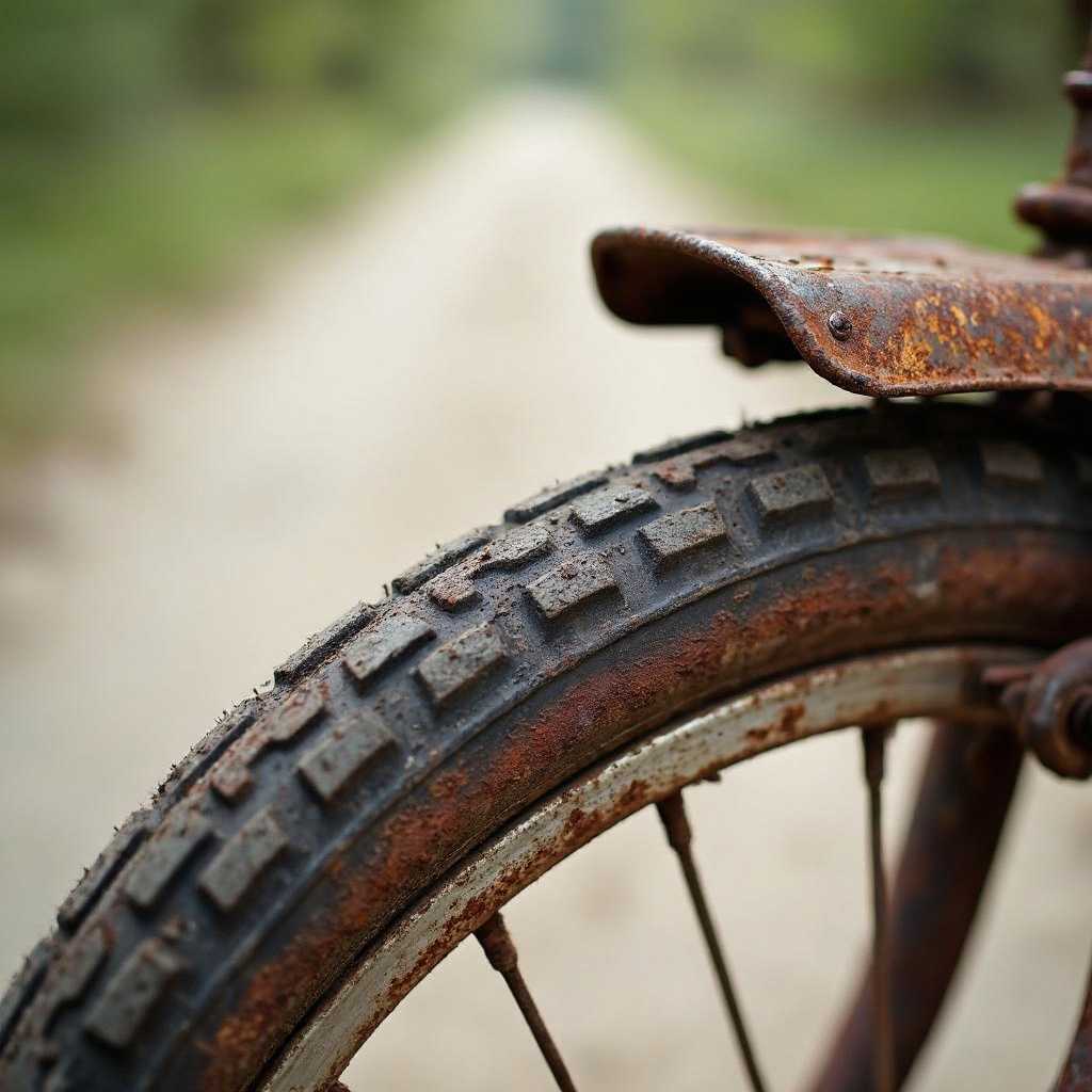 A close-up photograph of a rusty old bicycle with detailed tire treads