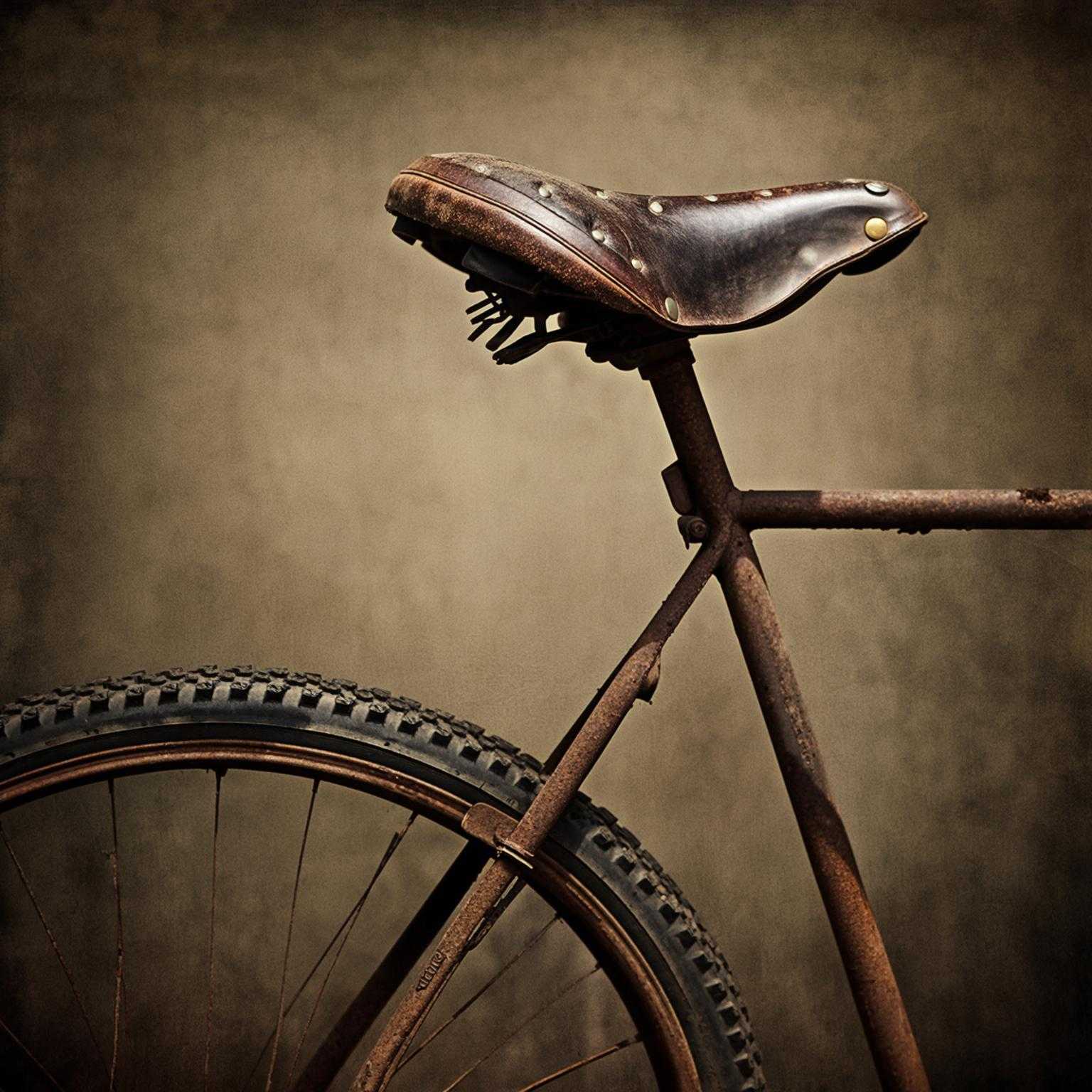 A close-up photograph of a rusty old bicycle with detailed tire treads