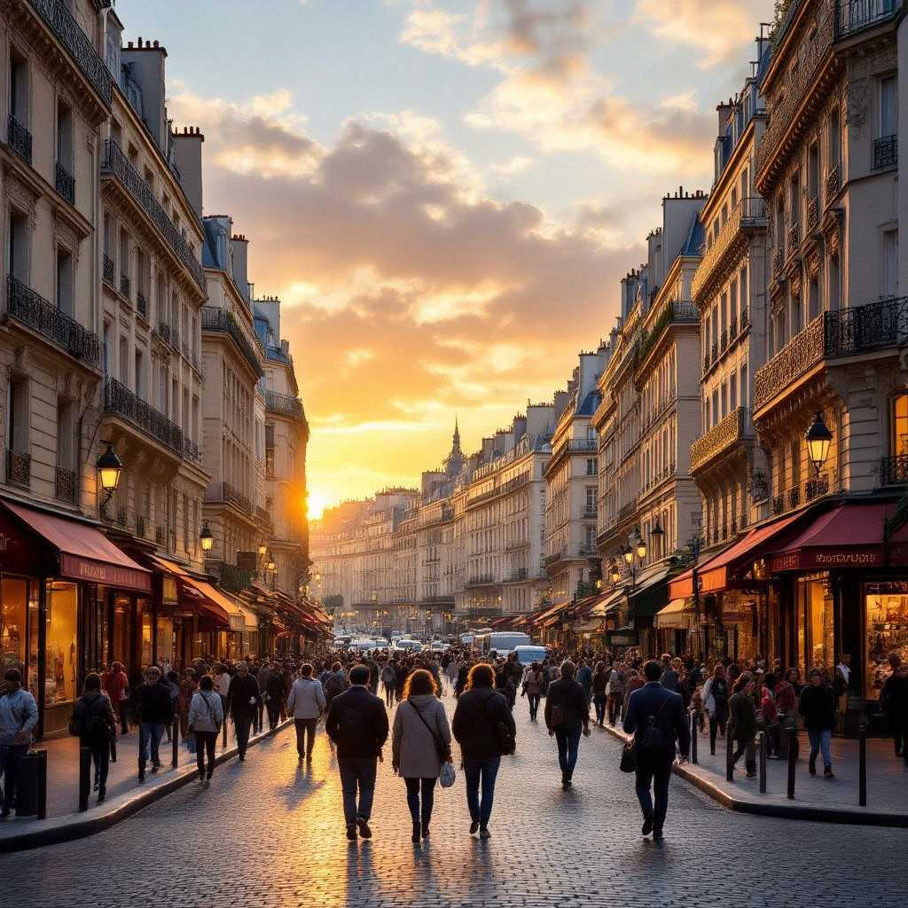 A bustling street scene in Paris at sunset, with numerous pedestrians and detailed architecture