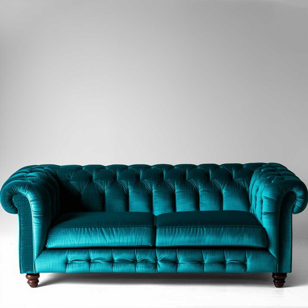 A plush velvet sofa with intricate stitching details