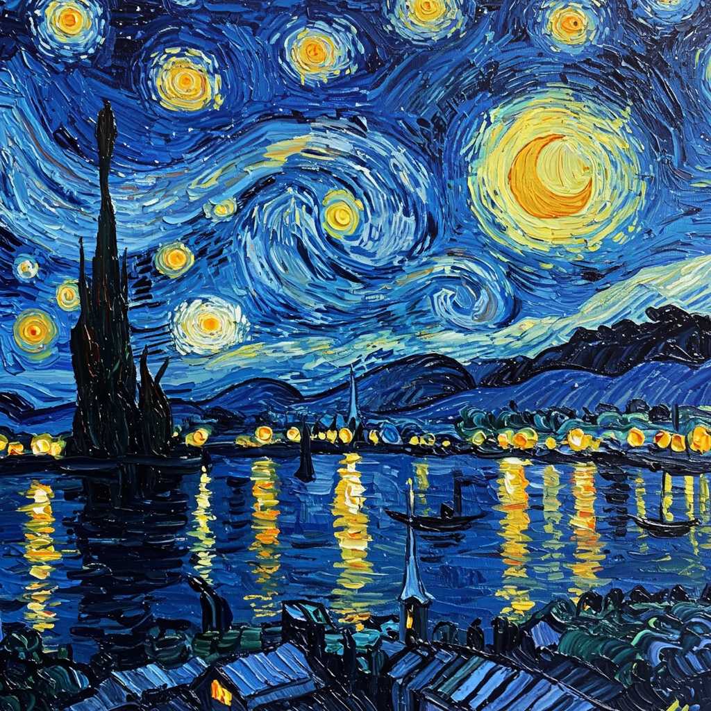 An abstract painting of a cityscape in the style of Van Gogh