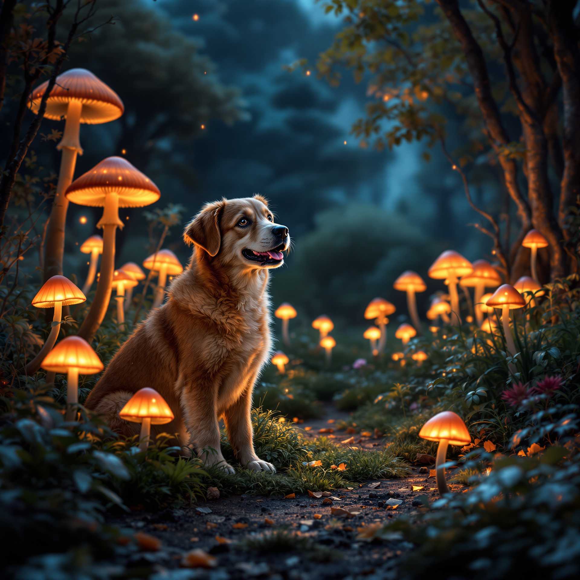 A dreamlike image of a talking dog in a garden with glowing mushrooms