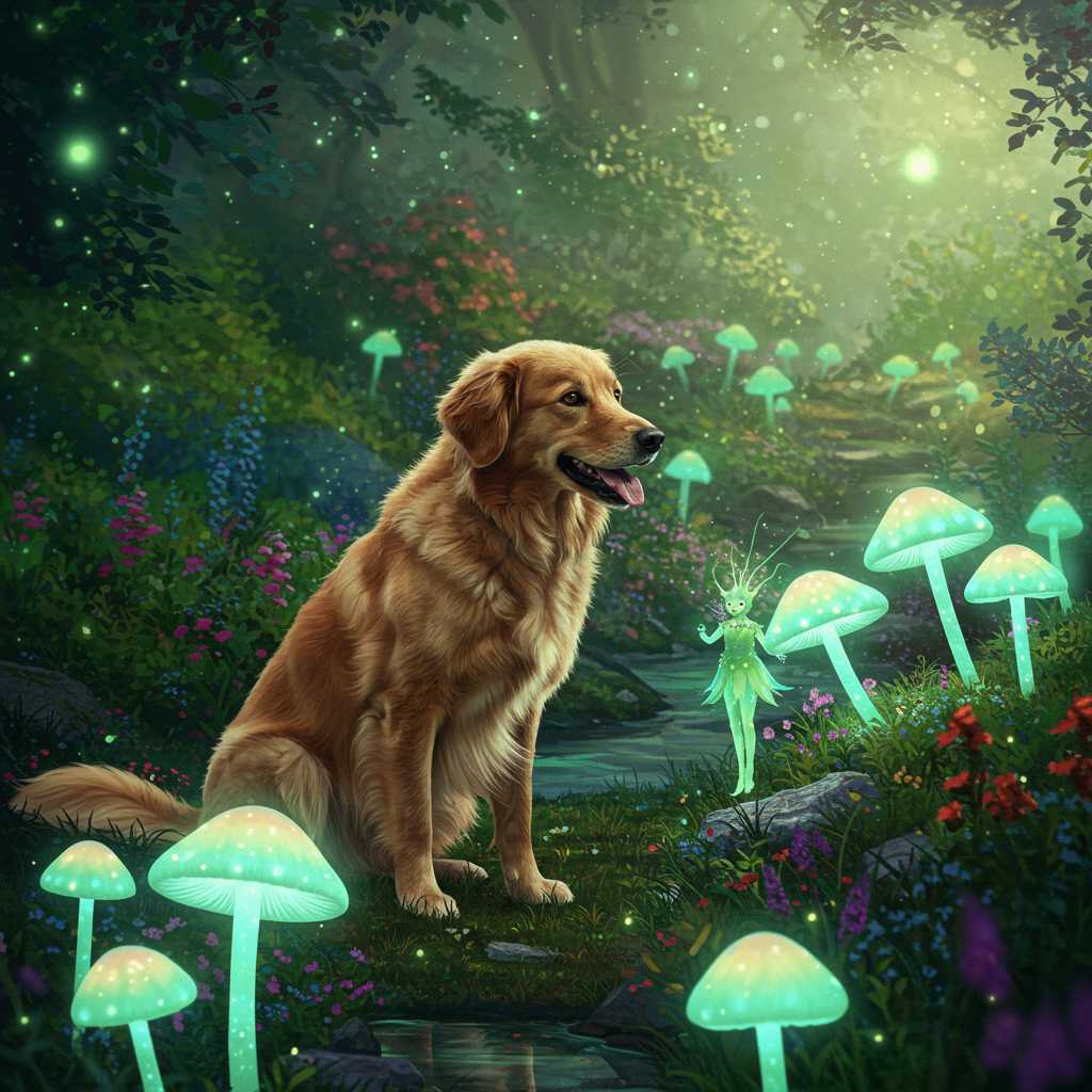 A dreamlike image of a talking dog in a garden with glowing mushrooms