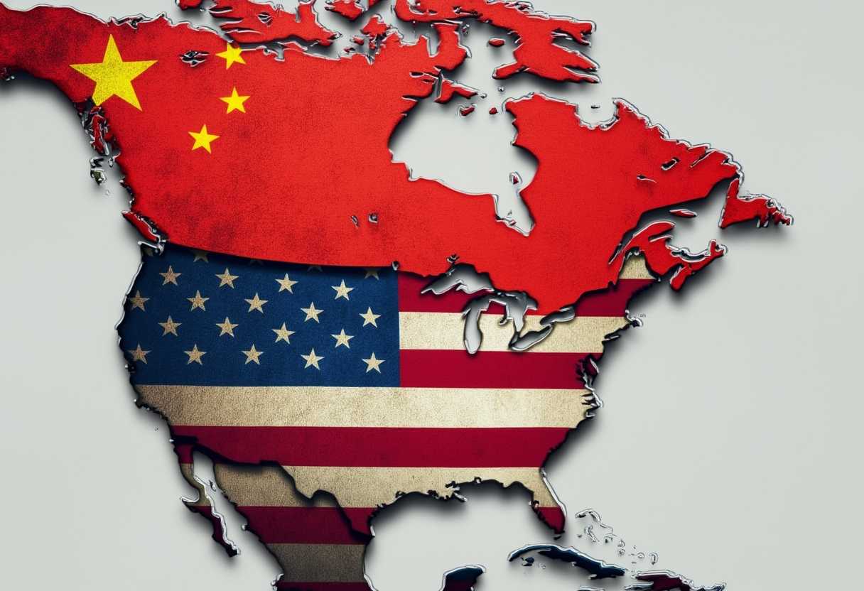 This image is a composite of two national flags superimposed onto the outlines of North American countries. The top half of the image shows the flag of China in Canada, which is red with five yellow stars on a blue background. The bottom half of the image shows the flag of the United States of America, which is a field of 13 horizontal stripes7 red and 6 whitethat represent the original 13 colonies, and 50 white stars on a blue field in the top left corner, representing the 50 states of the union.The map portion of the image is stylized with a threedimensional effect, giving the appearance of a raised relief map. The countries are outlined in a bold, black border, and the flag colors fill the contiguous landmasses of the two countries. The map is not detailed, with no indication of bodies of water, political boundaries, or topographical features.The art style is modern and graphic, with a strong emphasis on the flags as the focal point. The use of bold colors and the threedimensional effect on the map gives the image a striking and somewhat confrontational appearance, as if the two countries are in a standoff or competition with each other.The medium is digital, as the image has a clean, crisp quality and the colors are uniform and vibrant, which is characteristic of digital artwork. The image is also devoid of any text or additional imagery, focusing solely on the flags and the map.Overall, the image is a powerful visual metaphor for the relationship between China and the United States, and the geopolitical tension that exists between the two countries.