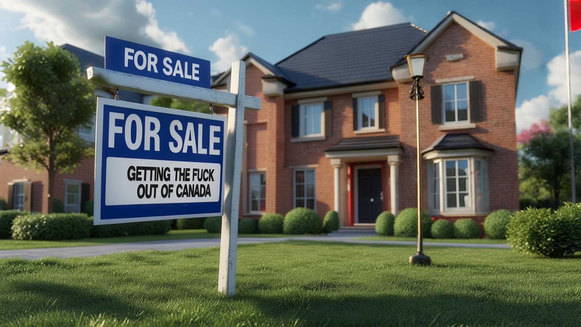 A high-resolution digital photograph of a suburban residential scene featuring a two-story brick house with a symmetrical facade, a central entrance flanked by evenly spaced windows, and a dark grey pitched roof. A vibrant Canadian flag flutters in the breeze atop a flagpole near the house, its bright red and white colors popping against the clear blue sky of a sunny day. In the foreground, a bold blue and white "FOR SALE" sign wood white grabs attention with its humorous, irreverent text reading "FOR SALE" and "GETTING THE FUCK OUT OF CANADA" in a striking, capitalized sans-serif font across two lines. The sign is planted firmly in a lush, well-manicured green lawn adorned with neatly trimmed shrubs and a young tree, enhancing the classic suburban aesthetic. A clean concrete sidewalk, bordered by a precisely cut hedge, leads directly to the house’s front door. The composition centers the house in the background with the sign as the focal point in the foreground, captured from a slightly low angle to emphasize the sign’s prominence and the house’s imposing structure. The lighting is natural and bright, with soft shadows gently falling across the lawn, suggesting mid-morning or early afternoon sunlight. The overall mood is lighthearted yet realistic, blending everyday suburban charm with a touch of playful satire. The style is hyper-realistic photography, with sharp details in the brick texture of the house, the crisp edges of the flag, and the vivid colors of the lawn and sky, creating a cohesive and visually striking scene.