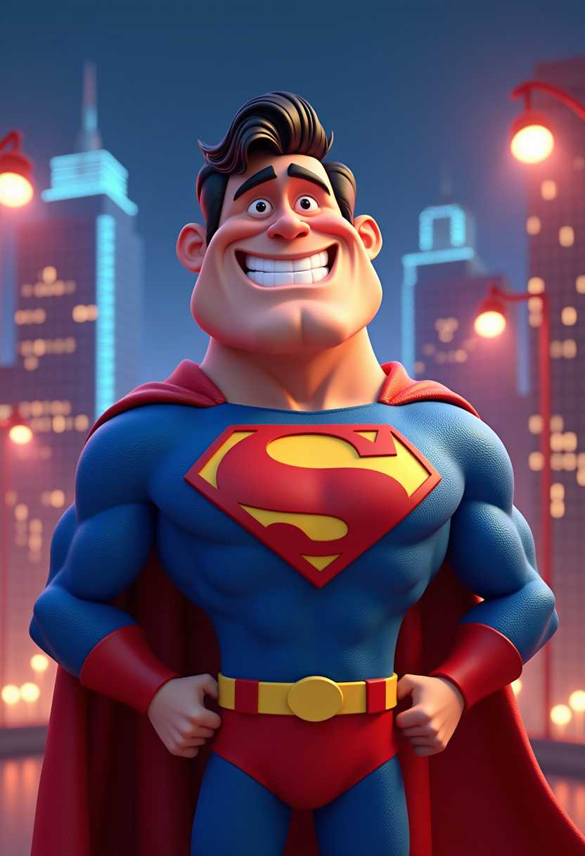 A 3D caricature of a superhero with exaggerated features, set against a vibrant, glowing cityscape backdrop at night. The superhero has a massive, square jaw, bulging muscles, and an overly confident grin. He wears a bright red and blue costume with a cape billowing dramatically in the wind. His chest bears a large emblem shaped like a lightning bolt. The scene is humorous yet action-packed, with exaggerated proportions and playful details. The 3D render includes realistic textures and lighting, with spotlights and glowing skyscrapers adding to the dynamic superhero theme