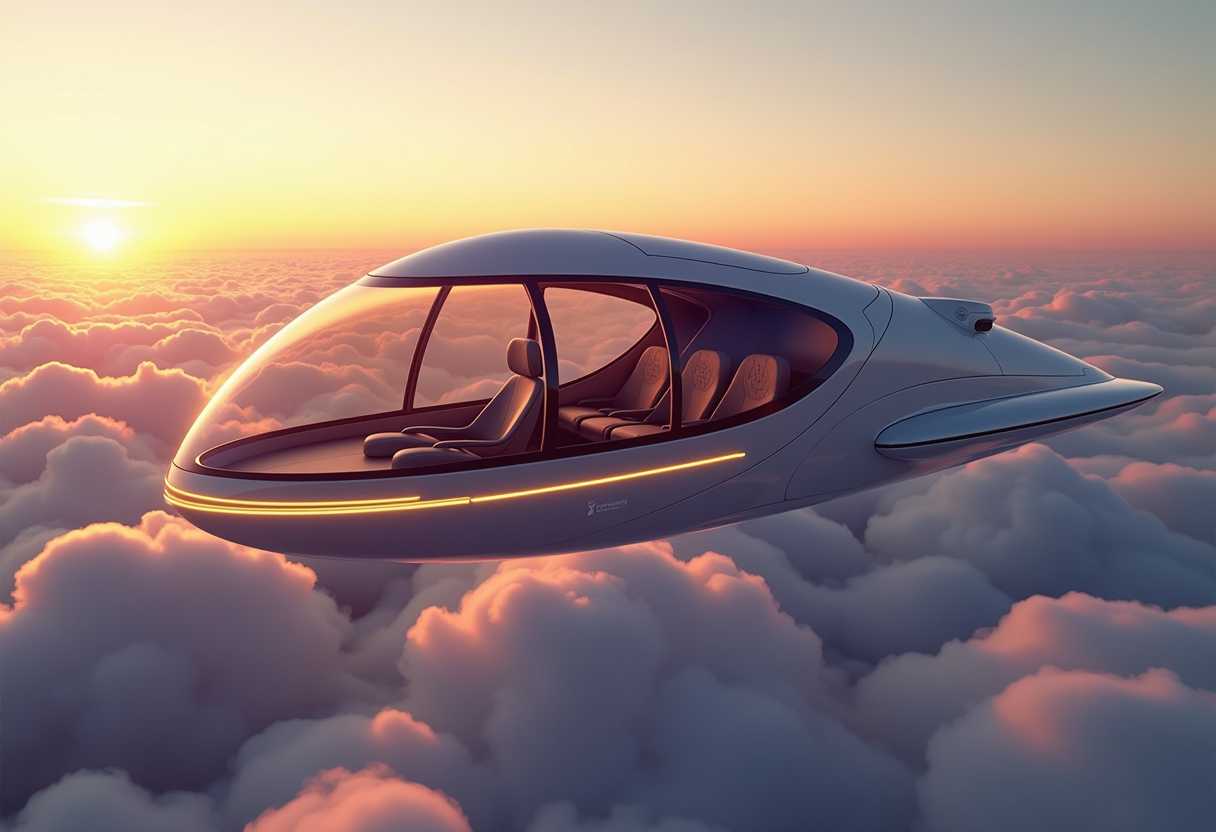 A futuristic sci-fi transportation pod flying high above the clouds during sunset. The pod has a sleek, curved design with a transparent glass exterior, allowing passengers to enjoy panoramic views. The sky is filled with soft clouds bathed in warm golden and pink hues, with stars beginning to appear in the sky. The pod's interior is luxurious with modern seats and ambient lighting, creating a sense of advanced technology and comfort. The exterior features smooth metallic surfaces and glowing light strips, enhancing the futuristic aesthetic.
