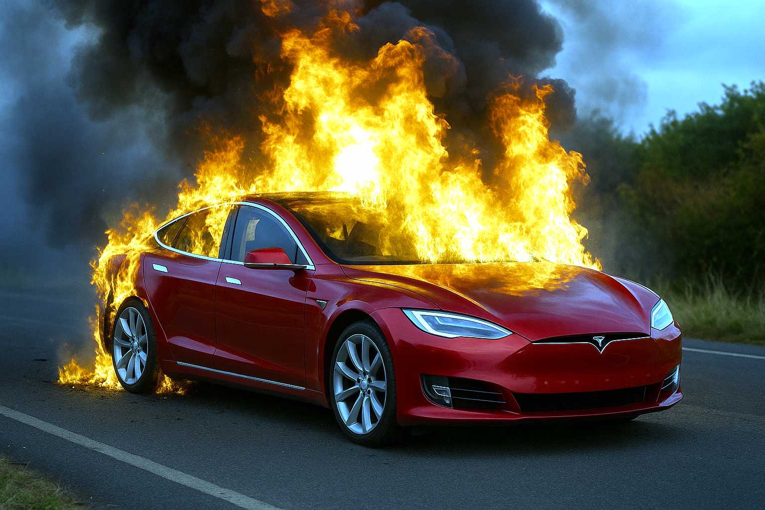 a red tesla model s on fire