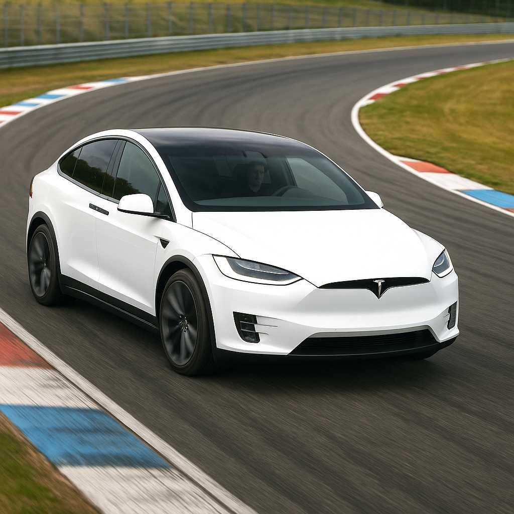 a tesla model x driving around a track