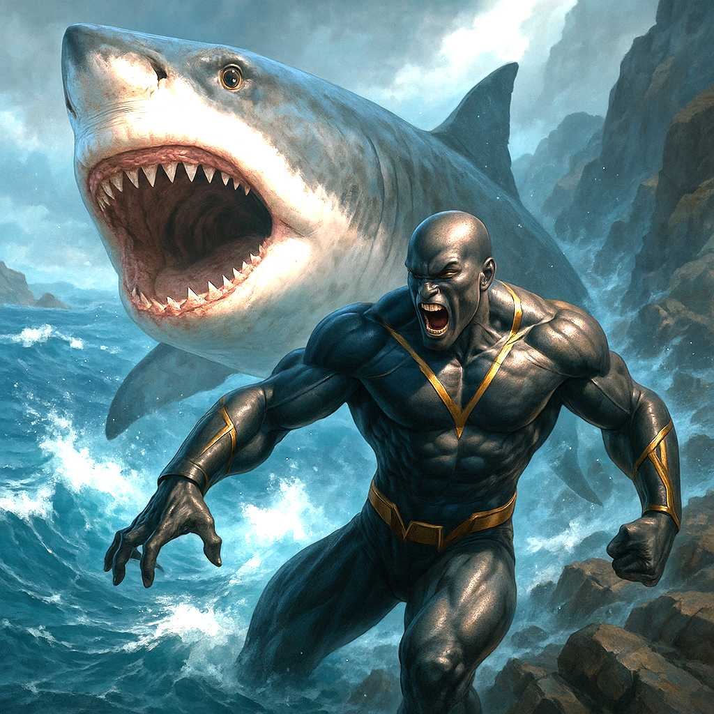 This image is a digitally created artwork that combines elements of fantasy and superhero genres. The art style is highly detailed and realistic, with a cinematic quality that suggests it could be a concept art piece for a film or a video game.The medium appears to be a digital painting, utilizing advanced rendering techniques to create a lifelike representation of the characters and environment. The lighting and shadows are expertly rendered, providing depth and realism to the scene.The primary colors in the image are cool tones, with a predominance of blues and grays that reflect the ocean setting. The black and gold costume of the character adds a striking contrast, drawing the viewers attention to the figure. The sharks skin is depicted with a realistic texture and color palette, ranging from white to dark gray, with hints of pink and red near the mouth.The objects in the image include1. The central figure, a muscular superhero in a black and gold costume with a menacing expression and open mouth full of sharp teeth. The costume has a glossy finish, and the gold accents are highlighted with a subtle sheen, giving the suit a threedimensional appearance.2. A massive shark, with a gaping mouth full of sharp teeth, swimming through the ocean. The sharks skin is textured and detailed, with a realistic pattern of spots and stripes. Its eyes are expressive and fierce, adding to the menacing aura of the creature.3. The ocean setting, with waves crashing against the rocky coastline in the background. The water is rendered with a realistic texture and color palette, reflecting the light and creating a sense of depth.4. The rugged coastline, with jagged rocks protruding from the water, providing a stark and imposing backdrop to the scene.Overall, the image exudes a sense of action and drama, with the superhero and shark poised as if caught in a tense moment of confrontation. The attention to detail and the use of lighting and shadow enhance the realism and cinematic quality of the artwork.