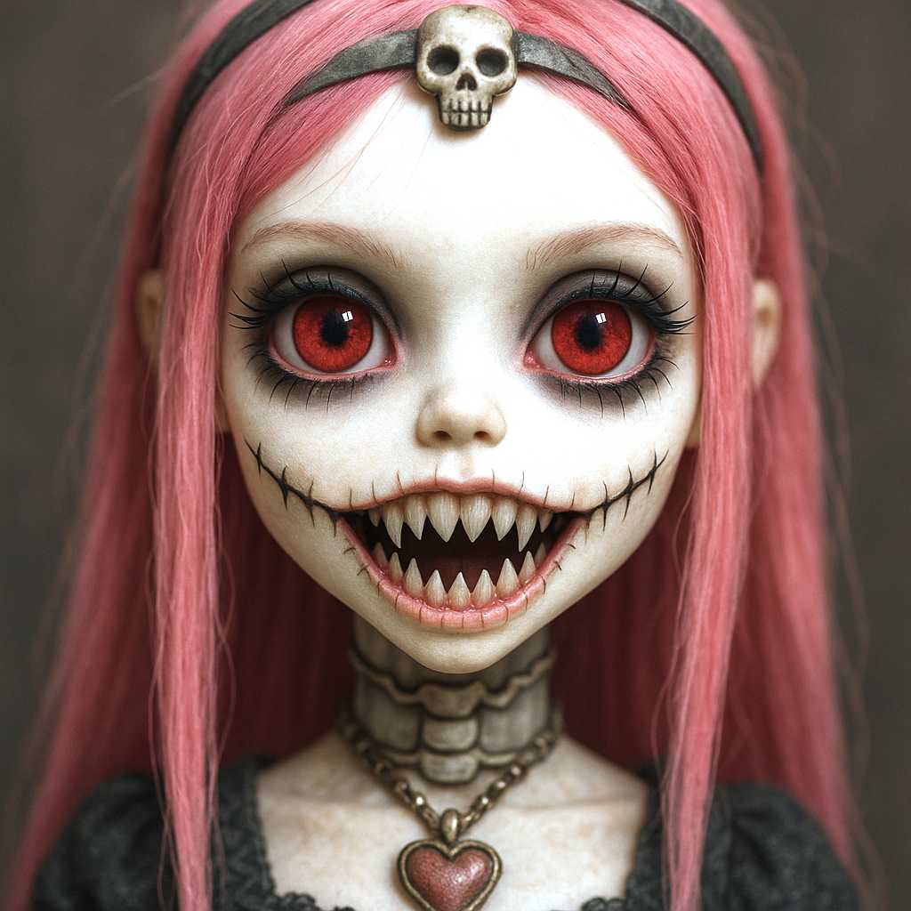 This image features a closeup of a doll with a striking and detailed appearance. The doll has a pale, almost translucent skin tone, which contrasts with its vibrant pink hair. The hair is styled in a straight, middleparted fashion and is adorned with a headband that has a skull motif, which is a recurring theme throughout the dolls design.The dolls eyes are the focal point of the image. They are large, with a gothic flair, and are a deep, bloodred color with a reflective quality, giving them a somewhat eerie appearance. The eyes are detailed with long, black eyelashes and a hint of makeup around the edges, which adds to the gothic aesthetic.The dolls mouth is wide open, revealing a set of sharp, pointed teeth that are reminiscent of a vampires grin. The teeth are also detailed with a translucent quality, which adds to the dolls haunting look. The mouth is framed by a jagged, uneven line that suggests a cut or a scar, further contributing to the dolls macabre charm.The dolls neck is visible, and it appears to be made of metal or a similar material, with a series of interlocking rings that give the appearance of a mechanical or skeletal structure. This adds to the dolls gothic and fantastical aesthetic.The doll is wearing a necklace with a heart pendant, which is a stark contrast to the otherwise dark and gothic elements of its design. The necklace is made of what appears to be metal with a patinated finish, and the heart pendant is a deep, rich red color, which stands out against the dolls pale skin.The overall art style of the doll is gothic with a touch of fantasy, and the medium appears to be a blend of sculpture and painting, with attention to detail and texture that gives the doll a threedimensional quality. The colors are primarily pastel with pops of deep red, and the overall effect is one of eerie beauty and otherworldliness.