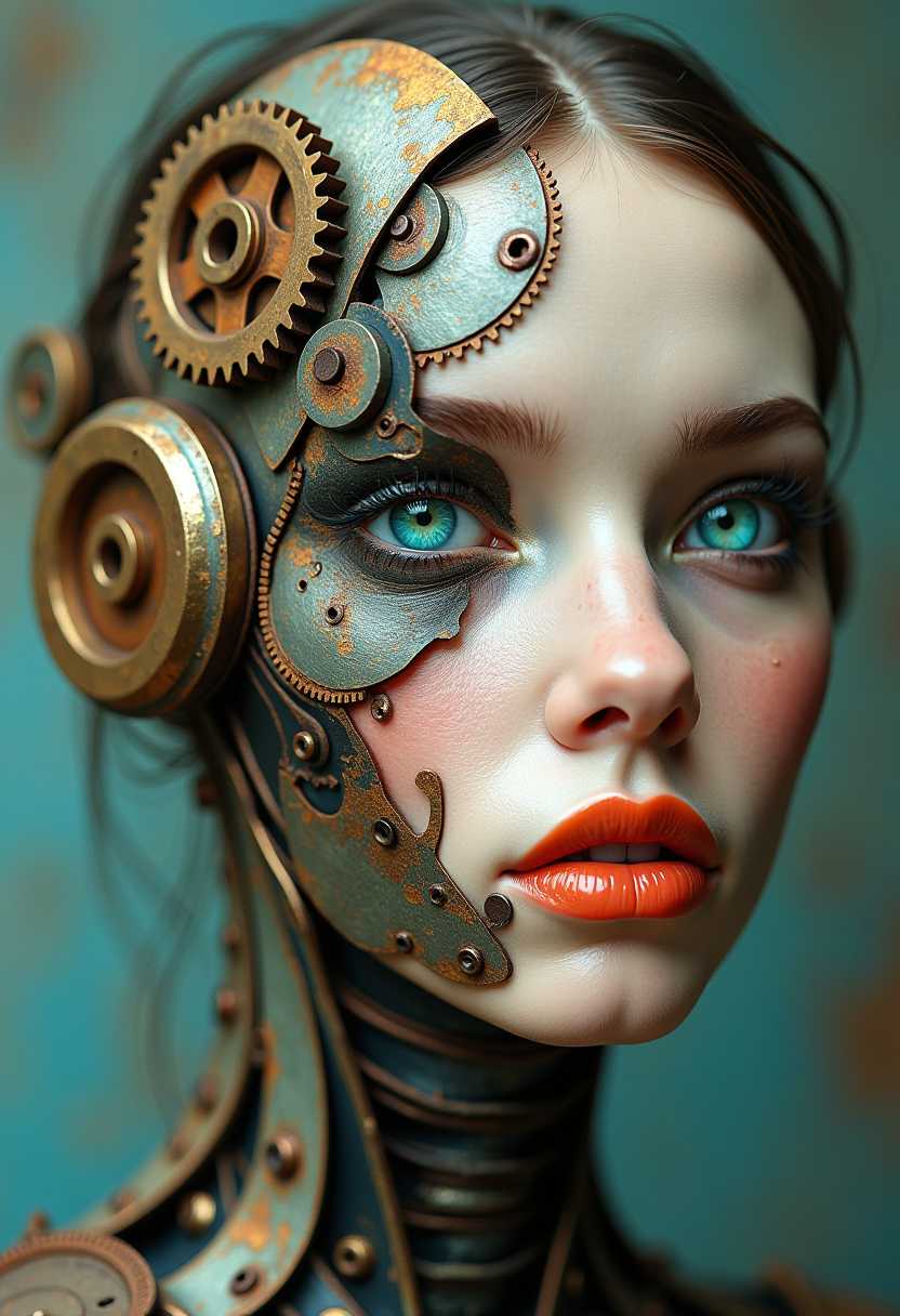 A surreal, half-female facial representation combining mechanical elements with human traits. The left half of the face consists of gears, metal and rusty parts, while the right half shows realistic painted skin. The bright turquoise eye and orange lips are conspicuous. The picture that shows the fading color. conveys a mixture of man and machine, steampunk