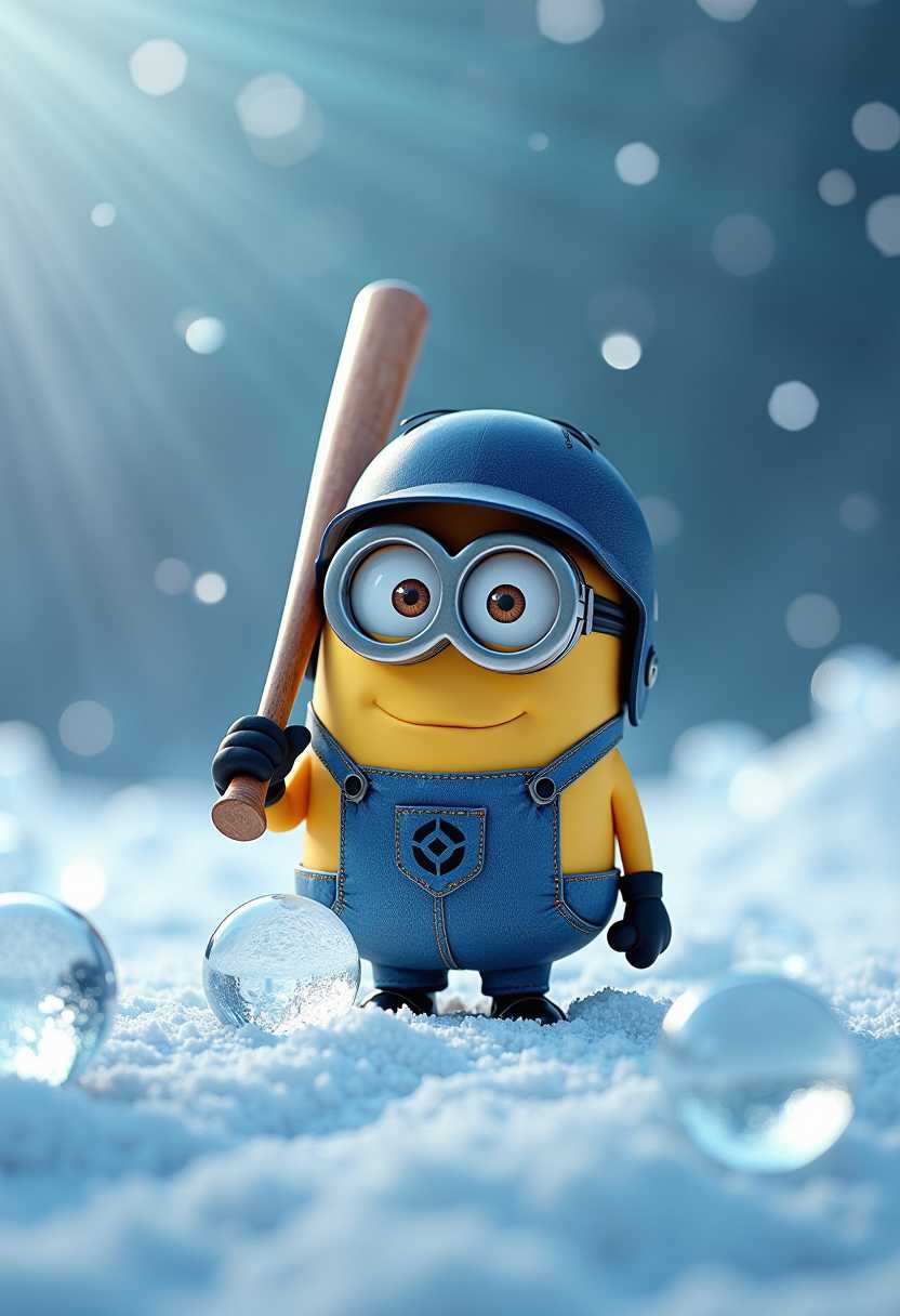 create a image of a minion holding a baseball bat, wearing a helmet and it's ice balls are falling. background a field of balls of clear ice balls, round balls of ice, clear balls of ice