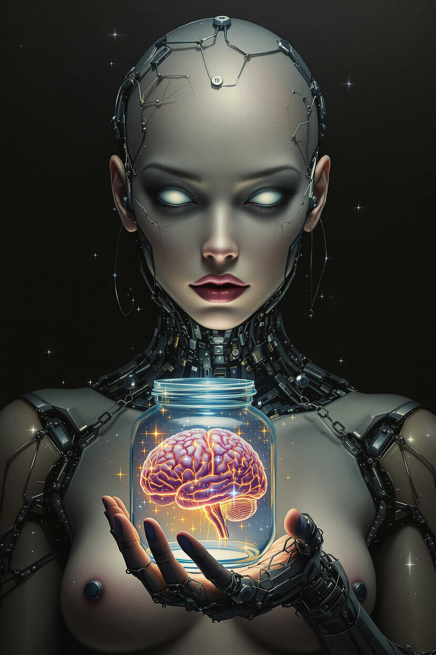 oil painting, sfumato and futuristic: fear chained in mechanical beauty. the whole figure of a woman - with empty, white eyes, she is bald, with a clearly textured face, she holds in her hand a sparkling life-size brain in a glass jar - a symbol of a soul taken out of the body. Every wire on her body is a bond, not an ornament. This is fear - deep and silent. Fear of being conscious but without will. Fear locked in perfect form. Beauty that hurts. ultra-detailed hd