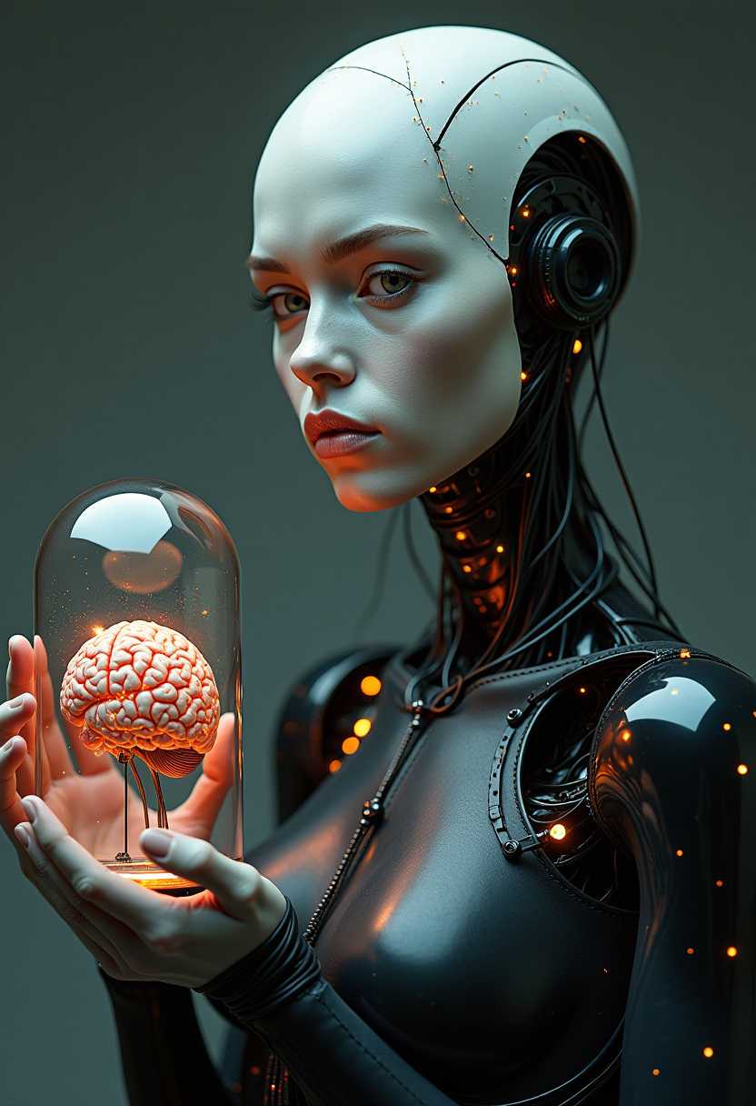 realistic photograph, sfumato and futuristic: fear chained in mechanical beauty. the whole figure of a woman - with empty, white eyes, she is bald, with a clearly textured face, she holds in her hand a sparkling life-size brain in a glass jar - a symbol of a soul taken out of the body. Every wire on her body is a bond, not an ornament. This is fear - deep and silent. Fear of being conscious but without will. Fear locked in perfect form. Beauty that hurts. ultra-detailed hd
