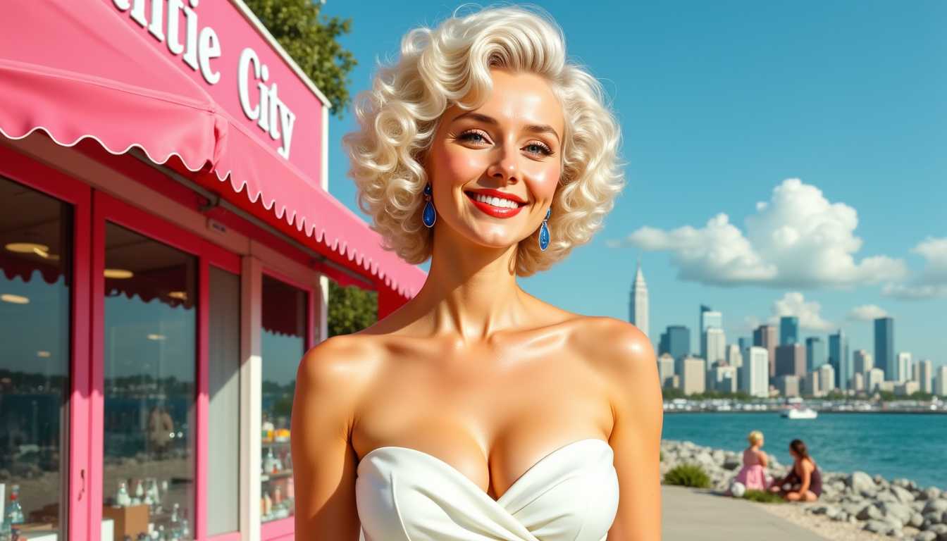 Kira-Original-Zip, Kira-Super, Vanessa Schimmelreiter channeling Marilyn Monroe in 50s attire, full body, with whiteblonde vintage hair, in front of the cityline of Atlantic City, cartoon comic book style, ink pen full body with facial features, red lips, integrated within a double exposure effect, delicate aesthetic created by Luiza Lima, 4k high-resolution image, ultra-detailed, digital painting.

An animated image of a woman with short white blonde hair in vintage style and a white dress. She is standing in front of a city skyline. Her dress is white and she is wearing a pair of silver earrings. Her lips are a bright red color. Her hair is pulled back in a ponytail. Her eyes are blue and her lips are pursed. The sky is a light blue with a few white clouds scattered across it.

Captured at eye-level, a close-up shot of a smiling young woman in a pink strapless dress stands in the foreground of a busy city street. The woman's white blonde hair is curly and cascades over her shoulders. She is adorned with a pair of dangling earrings and a bold pink lip. The backdrop of the scene is a vibrant pink awning, adorned with the word "Carry" in white letters. The store in the background is filled with a variety of items, including a store of goods, is prominently displayed in the upper left corner of the frame. The sky is a deep blue, with a few wispy clouds, adding a pop of color to the scene.k