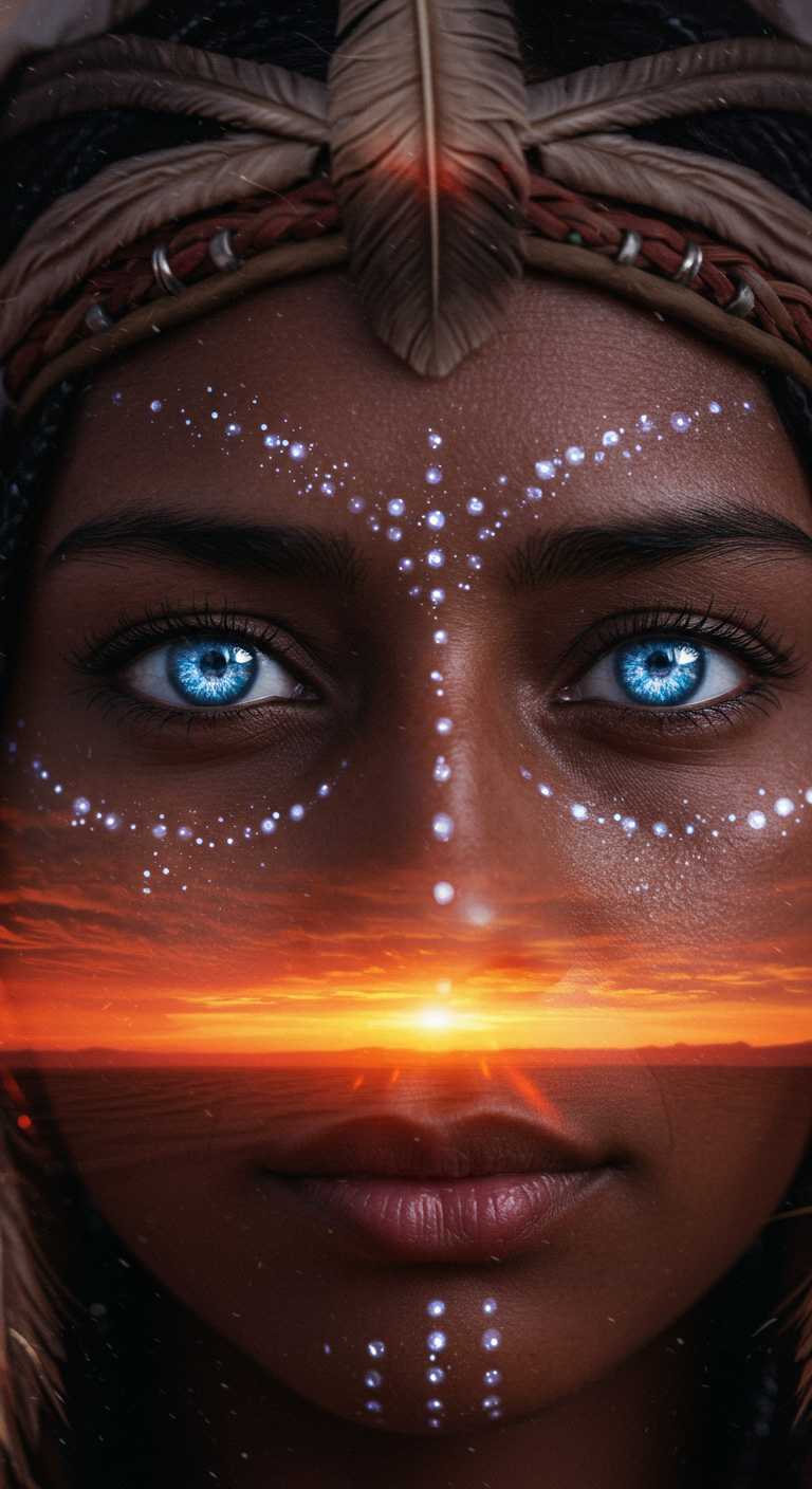"Dreamlike close-up of a shaman’s face, illuminated by soft, shifting chiaroscuro light. Her deep, alive eyes shimmer with reflections of glowing blue flowing dots. Fine details of her skin and ceremonial markings are visible in sharp focus, while the endless red-horizon desert behind her melts into a hazy blur. The air ripples gently, clouds drifting by in surreal slow motion. A timeless, ethereal feeling wraps around her stillness, as if the world breathes and moves while she remains untouched."