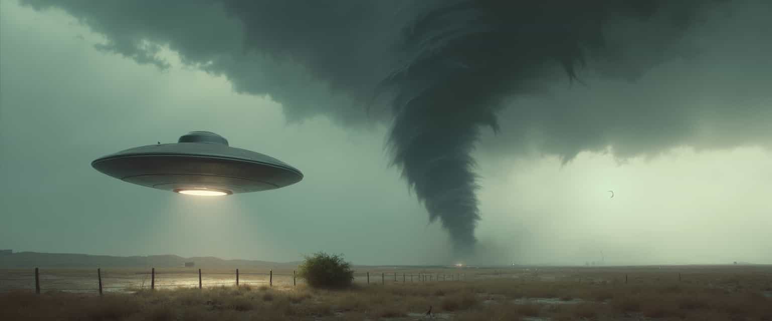 This image depicts a dramatic and somewhat surreal scene, with a focus on a large, menacing tornado in the sky and a flying saucerlike object hovering in the foreground. The art style appears to be a realistic portrayal with a cinematic quality, likely intended to evoke a sense of awe and perhaps a touch of mystery or tension.Medium The image seems to be a digital creation, given the clarity and sharpness of the details. It could be a still from a video or a highresolution photograph.Colors The colors in the image are quite muted, with a predominance of grays and browns, which gives the scene a somewhat ominous and foreboding atmosphere. The sky is a washedout blue, which contrasts with the darker clouds and the earthy tones of the landscape below. The flying saucer is a dark, metallic color, which stands out against the lighter background.Objects in the Image1. Tornado The focal point of the image is a large, twisting tornado that stretches from the clouds into the ground. The tornado is depicted with a swirling funnel that is visible from the top of the clouds down to the earth. The swirling clouds are a mix of dark and light grays, with a brownish hue near the ground, indicating the presence of dust or debris.2. Flying Saucer In the foreground, there is a flying saucerlike object hovering motionlessly in the air. It has a classic saucer shape with a flat bottom and a slightly domed top. The object is dark in color, with a metallic sheen, and it is emitting a bright light from underneath, which is illuminating the object and casting a shadow on the ground.3. Landscape The landscape below the tornado and flying saucer is sparse and barren, with a mix of grass and dirt. There is a fence running parallel to the bottom edge of the image, and there is a small, green bush or shrub in the middle of the frame, which is the only sign of life in the otherwise desolate scene.Overall, the image creates a sense of awe and tension, with the contrast between the natural disaster and the mysterious flying object adding to the intrigue. The realistic portrayal and cinematic quality of the image make it appear as if it could be a scene from a science fiction movie or a documentary about unusual phenomena.