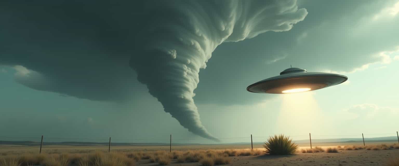 This image depicts a dramatic and somewhat surreal scene, with a focus on a large, menacing tornado in the sky and a flying saucerlike object hovering in the foreground. The art style appears to be a realistic portrayal with a cinematic quality, likely intended to evoke a sense of awe and perhaps a touch of mystery or tension.Medium The image seems to be a digital creation, given the clarity and sharpness of the details. It could be a still from a video or a highresolution photograph.Colors The colors in the image are quite muted, with a predominance of grays and browns, which gives the scene a somewhat ominous and foreboding atmosphere. The sky is a washedout blue, which contrasts with the darker clouds and the earthy tones of the landscape below. The flying saucer is a dark, metallic color, which stands out against the lighter background.Objects in the Image1. Tornado The focal point of the image is a large, twisting tornado that stretches from the clouds into the ground. The tornado is depicted with a swirling funnel that is visible from the top of the clouds down to the earth. The swirling clouds are a mix of dark and light grays, with a brownish hue near the ground, indicating the presence of dust or debris.2. Flying Saucer In the foreground, there is a flying saucerlike object hovering motionlessly in the air. It has a classic saucer shape with a flat bottom and a slightly domed top. The object is dark in color, with a metallic sheen, and it is emitting a bright light from underneath, which is illuminating the object and casting a shadow on the ground.3. Landscape The landscape below the tornado and flying saucer is sparse and barren, with a mix of grass and dirt. There is a fence running parallel to the bottom edge of the image, and there is a small, green bush or shrub in the middle of the frame, which is the only sign of life in the otherwise desolate scene.Overall, the image creates a sense of awe and tension, with the contrast between the natural disaster and the mysterious flying object adding to the intrigue. The realistic portrayal and cinematic quality of the image make it appear as if it could be a scene from a science fiction movie or a documentary about unusual phenomena.