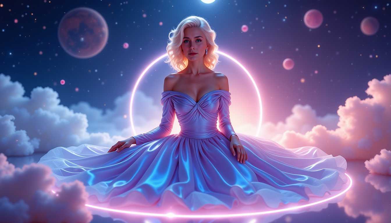 Kira-Super, KIRA-SUNRISE-ZIP, elegant woman with platinum blonde vintage waves, sitting gracefully on a shimmering seat of light, in a glowing iridescent dress that shifts between indigo and violet, soft off-shoulder design, surrounded by floating stardust and luminous particles, galactic clouds and energy rings behind her, cinematic quantum atmosphere, dreamy lighting, celestial environment, full view,