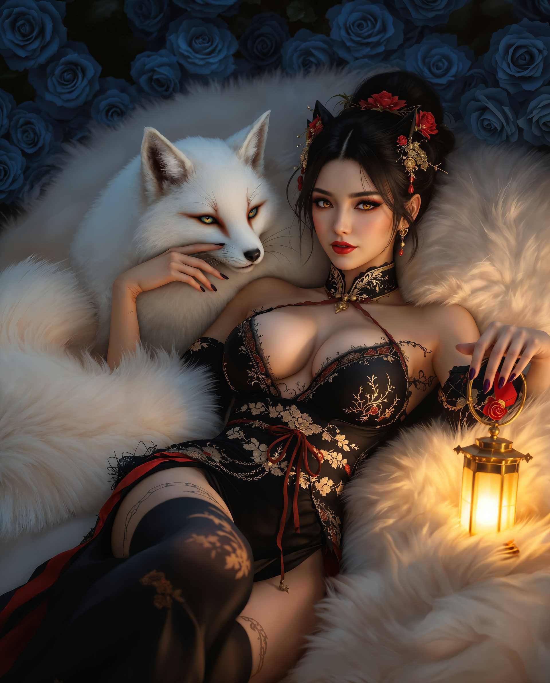 masterpiece, best quality, highres, sharp image, more detail <lora:more_details:0.5> <lora:SDXLrender_v2.0:1>, masterpiece, best quality, highres, sharp image, more detail, A hyper-realistic digital painting of a mythical female figure, blending human and animal traits with catlike ears and a foxlike tail, captured in a sensuous and intimate pose. She reclines on a luxurious bed of soft, white fur resembling a fox's coat, exuding warmth and comfort. Her traditional East Asian-inspired outfit is predominantly black with striking red and gold accents, featuring a form-fitting bodice with a plunging neckline, delicate lace trim, and matching stockings adorned with intricate lace and bows. The fabric's texture is meticulously detailed, showcasing subtle sheen and fine embroidery.

Beside her, a serene white fox with vivid red facial markings gazes calmly at the viewer, holding a traditional East Asian lantern in its mouth. The lantern emits a warm, golden glow, casting soft, ambient light across the scene and highlighting the intricate details of the fur and the character's attire. The background is a lush tapestry of deep blue roses, their velvety petals rendered with hyper-realistic texture and rich, dark hues, creating a striking contrast against the warm tones of the fur and outfit.

The composition is intimate and balanced, with the central figure positioned slightly off-center, reclining in a relaxed pose—one hand gently touching the fox's head, the other resting on her hip. The camera angle is slightly low, emphasizing her commanding yet approachable presence, while framing the scene to include the intricate details of the roses and lantern light. The mood is dreamlike and mystical, evoking a magical twilight hour with a serene, otherworldly atmosphere.

Rendered in a hyper-realistic digital art style, reminiscent of high-end fantasy portrait photography, with smooth gradients, seamless color blending, and exceptional attention to texture and lighting. The image captures a perfect harmony of realism, sensuality, and tradition, inviting the viewer into a world where myth and reality intertwine.