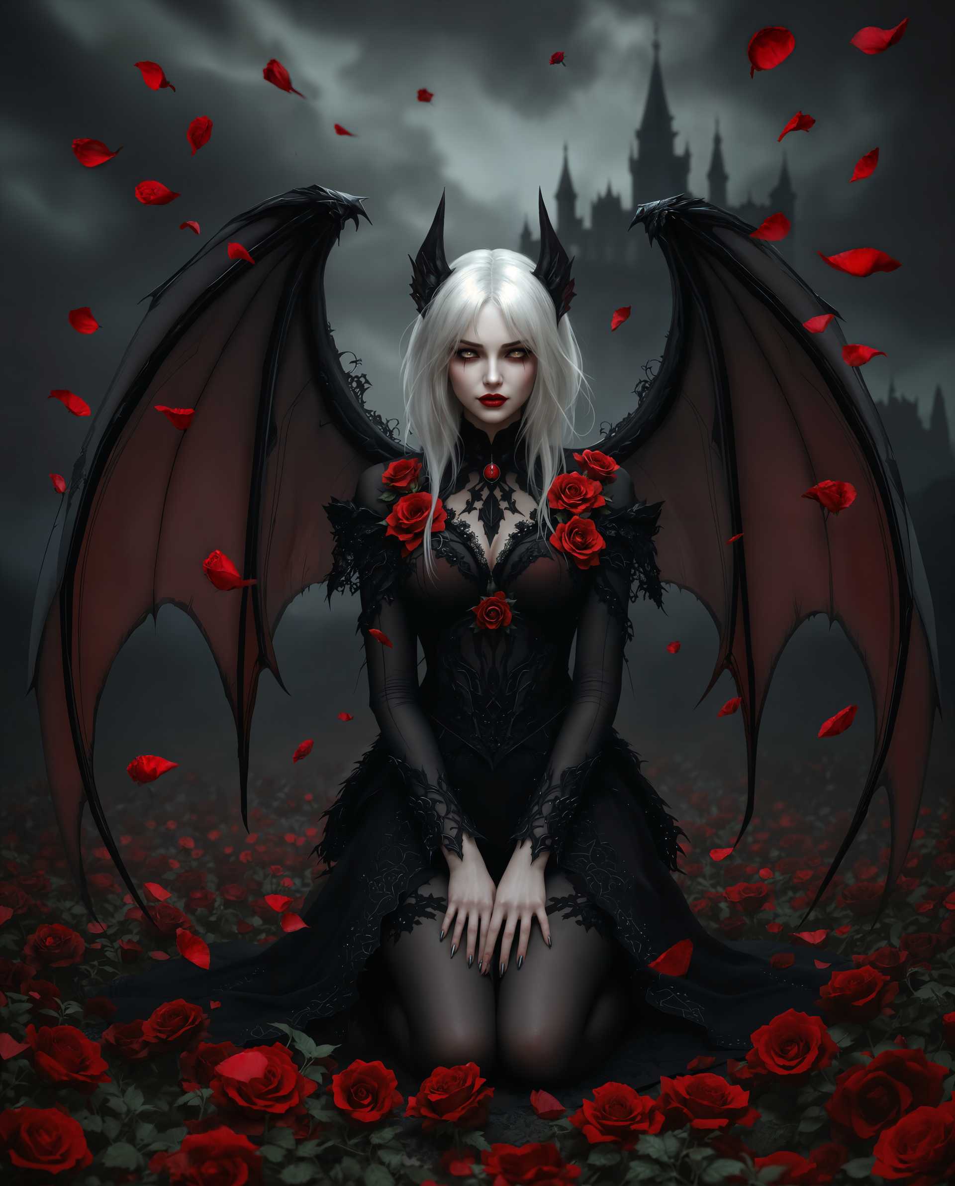 masterpiece, best quality, highres, sharp image, more detail <lora:more_details:0.5> <lora:SDXLrender_v2.0:1>, masterpiece, best quality, highres, sharp image, more detail, This is a realistic photo (photograph) of a female real person digital artwork that depicts a figure with white hair and pale skin, dressed in a black and red outfit with lace details and roses. The figure has batlike wings with a translucent quality, and they are kneeling with their hands clasped together in front of them. The wings are spread out behind them, and they have a somewhat melancholic or serene expression on their face.The setting is a dark, gothic landscape with a castle in the background, and the sky is overcast with dark clouds. There are red rose petals falling from the sky, and the ground is covered in a carpet of red roses. The color palette is primarily dark with vibrant reds, and the lighting is dramatic, with shadows and highlights that give the scene a moody and atmospheric quality.The art style is fantasy with a gothic influence, and the medium appears to be digital painting, given the smooth gradients and blending of colors. The attention to detail in the textures of the clothing, the wings, and the roses adds depth and realism to the image.