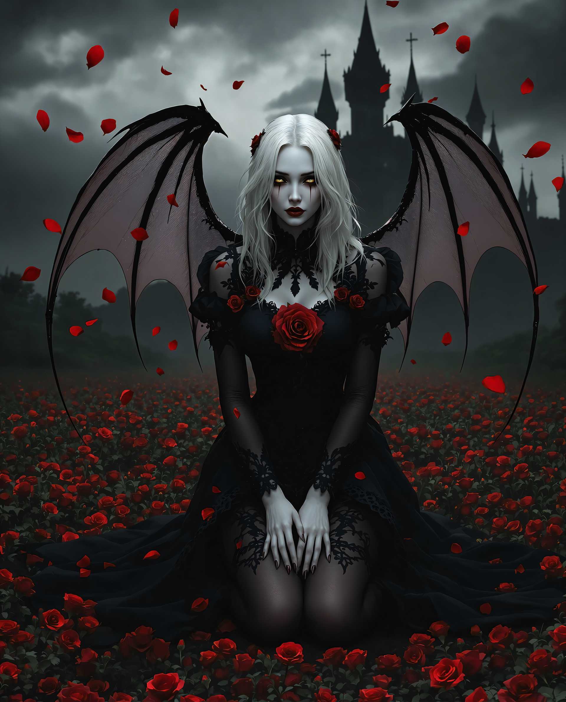masterpiece, best quality, highres, sharp image, more detail <lora:more_details:0.5> <lora:SDXLrender_v2.0:1>, This is a realistic photo (photograph) of a female real person digital artwork that depicts a figure with white hair and pale skin, dressed in a black and red outfit with lace details and roses. The figure has batlike wings with a translucent quality, and they are kneeling with their hands clasped together in front of them. The wings are spread out behind them, and they have a somewhat melancholic or serene expression on their face.The setting is a dark, gothic landscape with a castle in the background, and the sky is overcast with dark clouds. There are red rose petals falling from the sky, and the ground is covered in a carpet of red roses. The color palette is primarily dark with vibrant reds, and the lighting is dramatic, with shadows and highlights that give the scene a moody and atmospheric quality.The art style is fantasy with a gothic influence, and the medium appears to be digital painting, given the smooth gradients and blending of colors. The attention to detail in the textures of the clothing, the wings, and the roses adds depth and realism to the image.