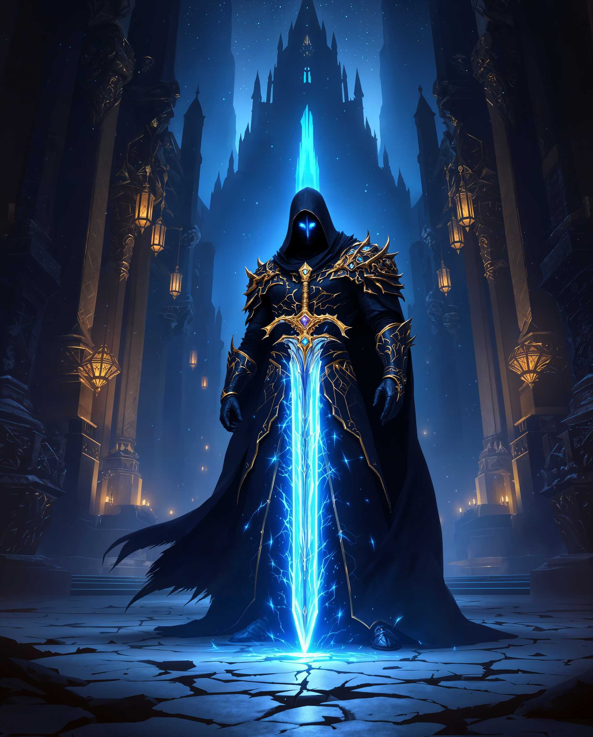 masterpiece, best quality, highres, sharp image, more detail <lora:more_details:0.5> <lora:SDXLrender_v2.0:1>, masterpiece, best quality, highres, sharp image, more detail, A breathtaking digital painting of a high fantasy scene, steeped in mystique and grandeur. The artwork features a central figure cloaked in shadow, standing powerfully in the foreground, their piercing eyes glowing with an eerie, luminescent blue light. The figure is adorned in ornate, black armor with intricate gold trim, the surface textured with delicate scales or feathers that shimmer faintly, exuding an otherworldly aura of authority and enigma. In their grasp is a radiant, double-edged sword, pulsating with arcane energy, its blade emitting a soft, ethereal glow that pierces the surrounding darkness. The sword’s hilt is a masterpiece of craftsmanship, encrusted with glittering gemstones and intricate metalwork that catch the light with every subtle movement.

The color palette is rich and moody, dominated by deep shades of blue and black, contrasted by warm, vibrant gold accents that draw the eye to the figure and the sword. The blues possess a magical, glowing quality, creating a sense of depth and enchantment, while the gold provides a striking, regal warmth. The lighting is dramatic, with soft, diffused illumination emanating from the sword and subtle highlights casting intricate shadows across the armor and surroundings.

In the background looms a grand, gothic structure, its architecture awe-inspiring with towering pointed arches, elaborate carvings, and a palpable sense of ancient history. The structure is bathed in a faint, mystical blue light from hanging lanterns, their glow adding to the atmospheric depth and reinforcing the scene’s haunting beauty. The interplay of light and shadow enhances the three-dimensionality of the space, creating a cavernous, almost sacred ambiance.

Beneath the figure, the floor is cracked and shattered, with jagged shards of stone scattered across the surface, hinting at a long-forgotten battle or the weight of time itself. The composition is carefully balanced, with the figure positioned centrally, framed by the looming architecture, and the camera angle slightly low to emphasize their dominance and the sword’s significance. The overall mood is one of mystery and power, set in a timeless, otherworldly realm under a starless, twilight sky, evoking a sense of both wonder and foreboding.

Rendered in a highly detailed digital painting style reminiscent of classic high fantasy art, with smooth gradients, meticulous attention to texture, and a cinematic quality that invites the viewer to uncover the untold story of this enigmatic guardian and their legendary weapon.