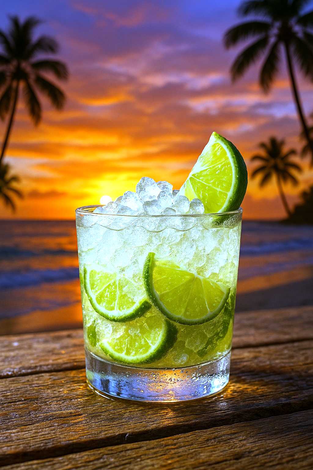 A hyper-realistic Caipirinha cocktail in a short, wide glass, filled with crushed ice, lime wedges, and visible sugar crystals. The drink is glistening with condensation, sitting on a weathered wooden table on a tropical beach. In the background, a vibrant sunset lights up the sky with warm shades of orange, red, and violet, reflecting off the gentle waves. Palm trees frame the horizon, and the golden light highlights the texture of the drink and the table. A relaxed, summer vibe fills the scene