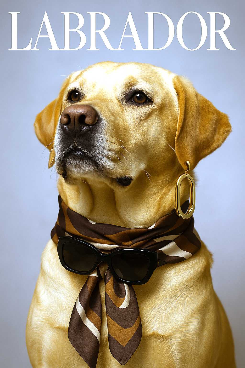 CompositionalPortrait(2, Style(2: "high-fashion editorial photography", "luxury magazine aesthetic", "playful sophistication"), Subject(2: "majestic golden Labrador dog posing proudly in a high-fashion model look (professionally styled, subtle elegant makeup, wearing top modern earrings and chic fashion accessories)"), MadeOutOf("luxurious fabrics, polished metal jewelry, fine grooming textures"), Arrangement("close-up portrait framing, golden Labrador looking slightly above the camera with a proud, regal expression"), Accessories("modern designer earrings, fashionable scarf or collar, optional sleek sunglasses"), Background("minimalist luxury studio backdrop in soft neutral tones, blurred with shallow depth of field"), Lighting("professional softbox lighting, glossy highlights emphasizing fur texture and accessories"), OutputStyle("high-resolution luxury magazine cover, with the title 'LABRADIOR' in bold DIOR-style typography, polished, editorial-grade visual finish") ) // label: labrador-highfashion-cover // tags: dog-fashion, high-fashion, editorial, magazine-cover, luxury, playful-elegance