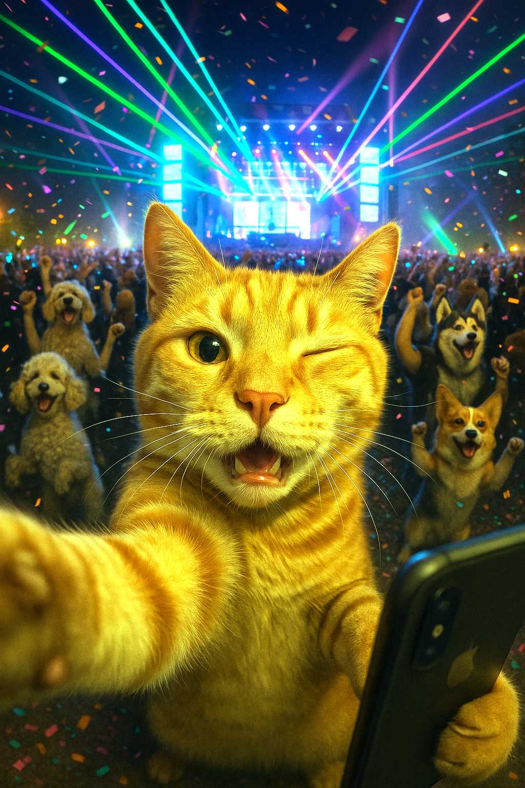 An ultra-detailed, hyper-realistic photo: a cheeky orange tabby cat stretches its paw toward a smartphone, front-camera angle, mid-wink as it snaps a selfie. Behind the cat, a packed rave of exuberant dogs—poodles, corgis, huskies—jump and dance under pulsating neon lasers, confetti swirling through the air. In the far background, a towering EDM stage with LED walls, strobing spotlights, and a DJ booth looms above the crowd. Night-time festival atmosphere, vibrant colors, cinematic depth of field, 4 K resolution, crisp dynamic lighting.