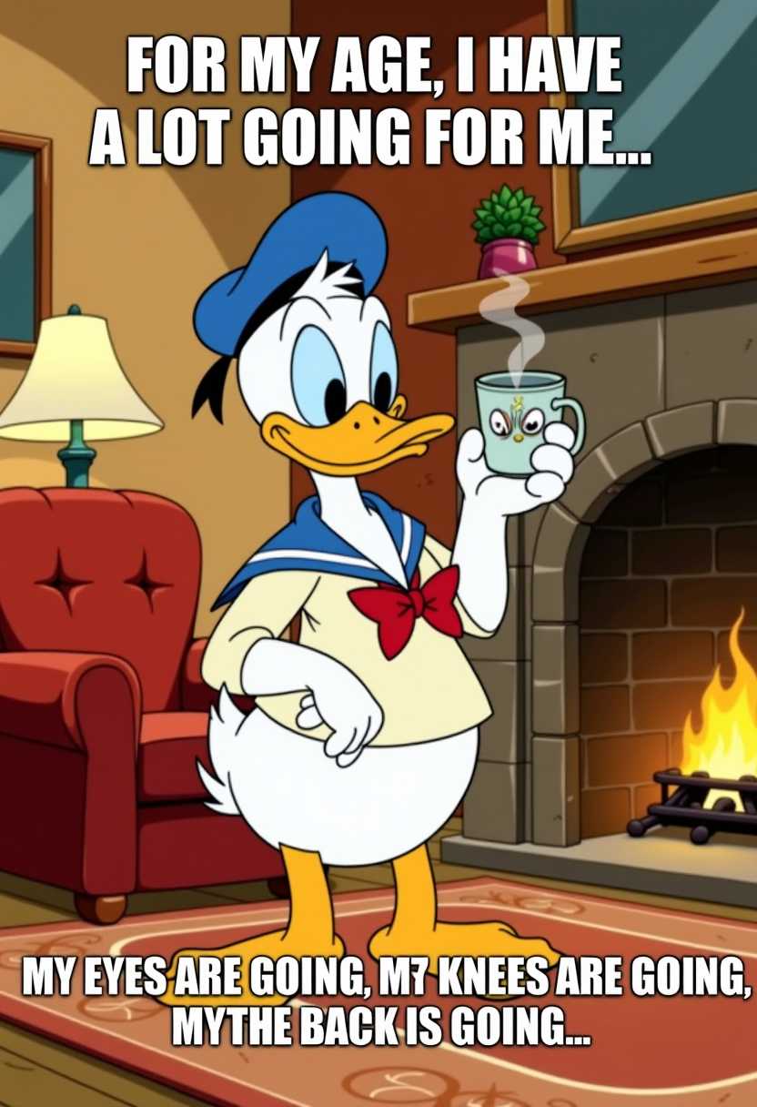 This image features a cartoon character that resembles Donald Duck, standing in a room with a cozy and domestic setting. The character is wearing a sailor shirt with a red bow tie and a blue cap, and is holding a mug with a design that looks like a pair of eyes. The mug is emitting a small plume of steam, suggesting that the beverage inside is hot.The room is furnished with a plush red armchair, a classic lamp with a white shade, and a fireplace that has a fire burning inside. The fireplace is built into a stone wall, and there are various items placed on the mantelpiece, including a small potted plant and a red decorative item. The floor is covered with a patterned rug, and the walls are painted in a warm, neutral tone.The art style of the image is reminiscent of the classic Disney animation, with bold outlines and flat colors. The colors used in the image are warm and inviting, with the reds, oranges, and yellows creating a cozy atmosphere. The characters white and blue outfit stands out against the warmer tones of the room.The overall feel of the image is humorous and self-deprecating, as indicated by the text that reads, on the top "FOR MY AGE, I HAVE A LOT GOING FOR ME..." on the bottom "MY EYES ARE GOING, MY KNEES ARE GOING, MY BACK IS GOING..." This text plays on the common joke about aging and the aches and pains that come with it, while the characters confident and somewhat smug expression adds to the humor.