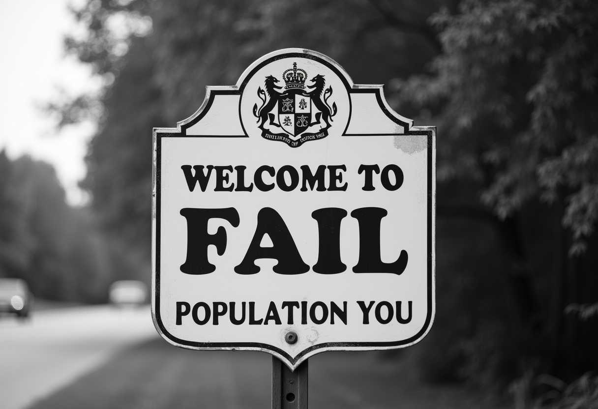 This image is a black and white photograph of a sign. The sign has a shieldlike top with a crest in the center, which is a common design element for heraldic or official signs. The sign reads WELCOME TO FAIL in bold, capital letters at the top, and POPULATION YOU at the bottom. The font is straightforward and sansserif, which gives the sign a modern and somewhat humorous feel.The medium of the image is photography, capturing the sign in a realistic and documentary style. The colors in the image are limited to black and white, which gives it a classic and timeless quality. The black and white tones also emphasize the contrast between the text and the background, making the message stand out.The objects in the image are primarily the sign itself and the environment around it. The sign is mounted on a post, and the background is a blurred natural setting with trees and foliage, suggesting that the sign is located outdoors, possibly at the entrance to a small community or a rural area. The signs message is a play on the typical welcoming sign one might expect to see, which makes it the focal point of the image. The humor in the sign comes from the unexpected and ironic twist on the usual message of hospitality one would find in such a location.