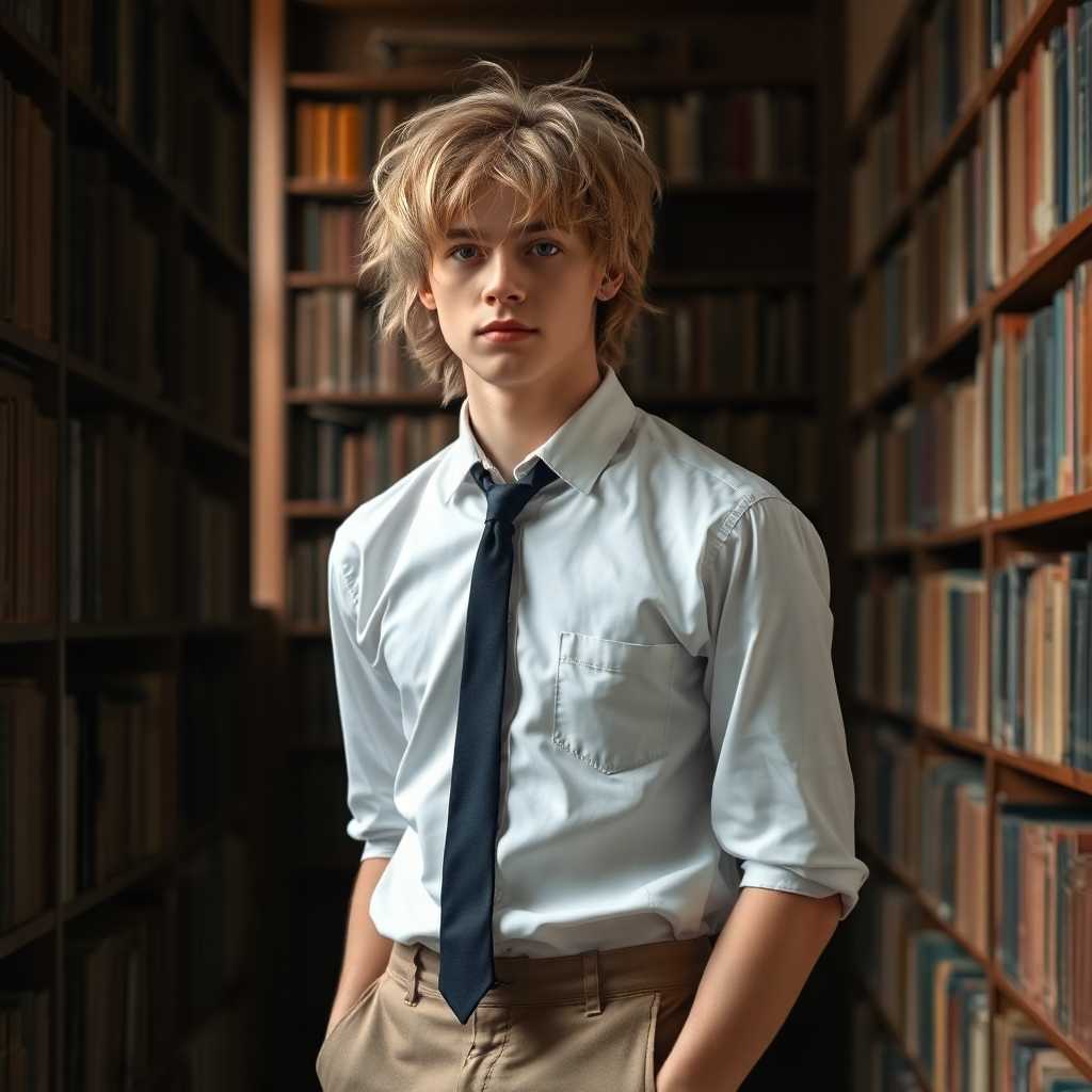 A young man in his mid-twenties, with a slightly built and delicate frame, standing in an ancient, dimly lit library surrounded by towering shelves of old, leather-bound books. He has long, messy dirty blonde hair that falls carelessly over his pale, thoughtful face. He wears a crisp white button-down shirt, slightly untucked, paired with a loosely knotted black tie and well-fitted khaki trousers. The library exudes a timeless, scholarly atmosphere, with warm, golden light streaming through tall, arched windows, casting soft shadows on the worn wooden floors. Dust motes float in the air, illuminated by the light, adding a sense of quiet nostalgia. The composition focuses on the young man positioned slightly off-center, leaning casually against a bookshelf, with a pensive expression as if lost in thought. The camera angle is at eye level, capturing the intricate details of the weathered book spines, the texture of his shirt, and the subtle creases in his trousers. The mood is serene and introspective, evoking a late afternoon ambiance with a hint of mystery, rendered in a realistic, cinematic style with a soft depth of field and rich, warm color tones.
