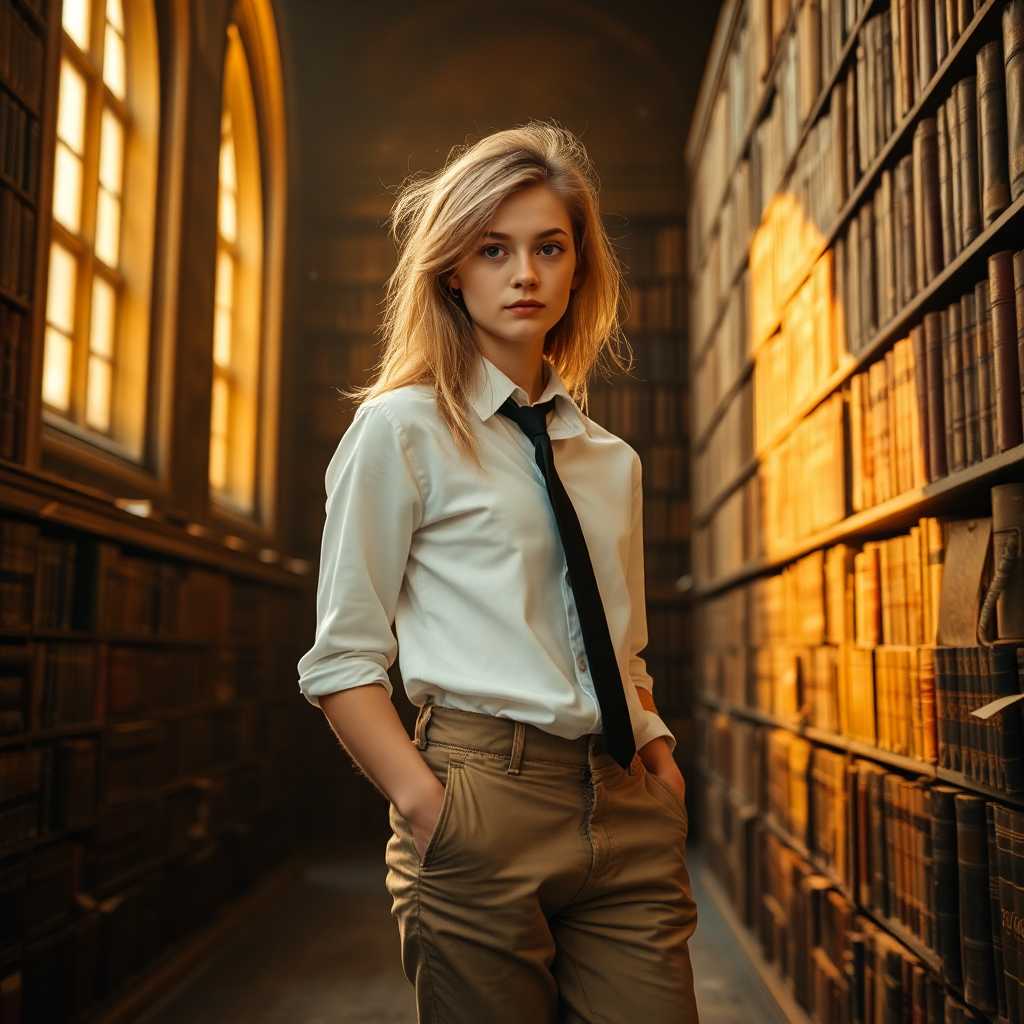 A young girl in her mid-twenties, with a slightly built and delicate frame, standing in an ancient, dimly lit library surrounded by towering shelves of old, leather-bound books. She has long, messy dirty blonde hair that falls carelessly over her pale, thoughtful face. SHe wears a crisp white button-down shirt, slightly untucked, paired with a loosely knotted black tie and well-fitted khaki trousers. The library exudes a timeless, scholarly atmosphere, with warm, golden light streaming through tall, arched windows, casting soft shadows on the worn wooden floors. Dust motes float in the air, illuminated by the light, adding a sense of quiet nostalgia. The composition focuses on the young man positioned slightly off-center, leaning casually against a bookshelf, with a pensive expression as if lost in thought. The camera angle is at eye level, capturing the intricate details of the weathered book spines, the texture of his shirt, and the subtle creases in his trousers. The mood is serene and introspective, evoking a late afternoon ambiance with a hint of mystery, rendered in a realistic, cinematic style with a soft depth of field and rich, warm color tones.