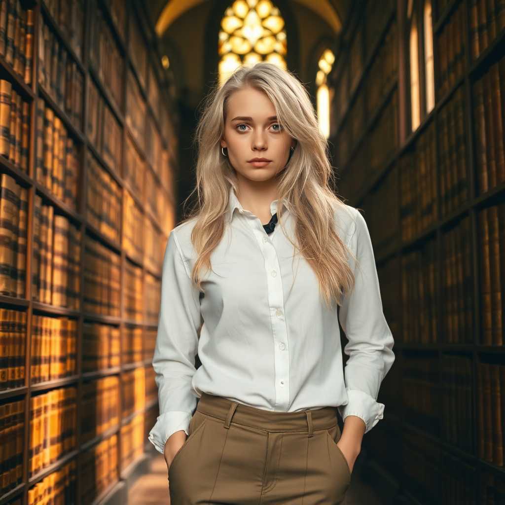 A young woman in her mid-twenties, with a delicate, slightly built frame, standing in an ancient, dimly lit library surrounded by towering shelves of old, leather-bound books, their spines cracked and weathered with intricate gold embossing. Her long, messy platinum blonde hair cascades carelessly over her pale, thoughtful face, down her back in uncontrollable waves framing her frightened expression. She wears a crisp white button-down shirt, slightly untucked, with subtle wrinkles adding a lived-in texture, paired with a loosely knotted black tie and well-fitted khaki trousers that show faint creases from wear. The library exudes a timeless, scholarly atmosphere, with warm, golden light streaming through tall, arched stained-glass windows, casting soft, dappled shadows across the worn, polished wooden floors. Dust motes dance in the air, illuminated by the light, creating a quiet, nostalgic haze. The composition centers the young woman slightly off-frame, leaning casually against a bookshelf, her body angled in a relaxed yet pensive pose, one hand lightly brushing the edge of a book. The camera angle is at eye level, capturing the intricate details of the library’s gothic architecture, the rich texture of the leather books, and the subtle interplay of light on her clothing. The mood is serene and introspective, evoking the stillness of a late afternoon, with a hint of mystery lingering in the shadowy corners of the vast room. Rendered in a realistic, cinematic style, the image features a soft depth of field, with the subject in sharp focus against a gently blurred background, and rich, warm color tones of amber, deep brown, and muted gold, enhancing the cozy, melancholic ambiance.