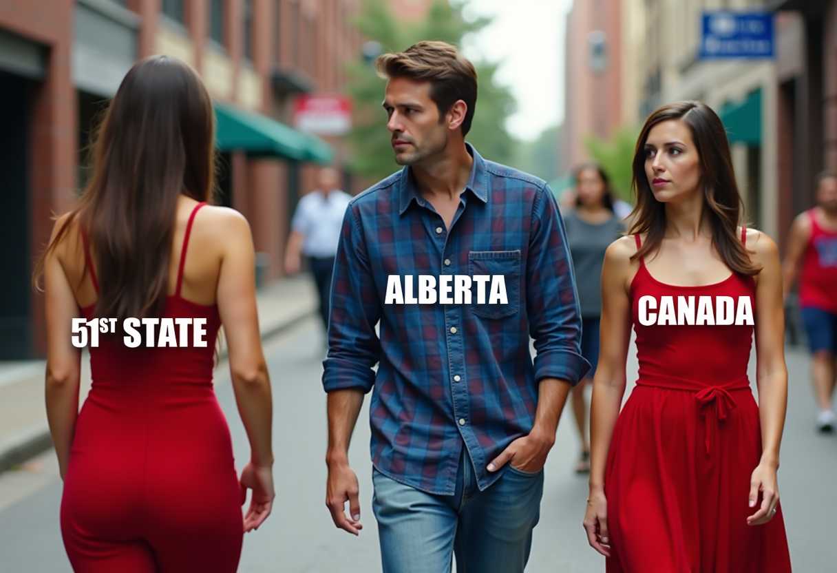 The image is a meme that features a street scene with three individuals. The central figure is a man in a blue plaid shirt and jeans, who is turning his head to check out a woman walking by. The woman is in the foreground and is wearing a red dress. The man is labeled "ALBERTA" The woman he is checking out is labeled "51ST STATE", and the woman he is with is labeled "CANADA". The medium appears to be a digital photograph. The colors are natural and muted, with the red dress of the woman in the foreground standing out against the more subdued tones of the background. The objects in the image include the individuals, the urban street environment with buildings and a blurred passerby in the background, and the text overlaying the image.