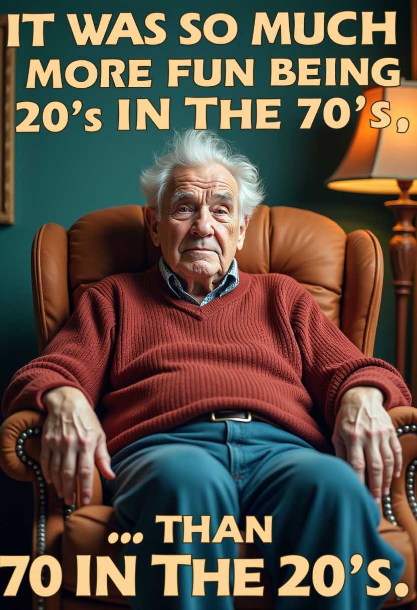 Whimsical poster gray haired 70 year old, sitting in recliner. Add text overlay that reads "It was so much more fun being 20 in the 70's, than 70 in the 20's"