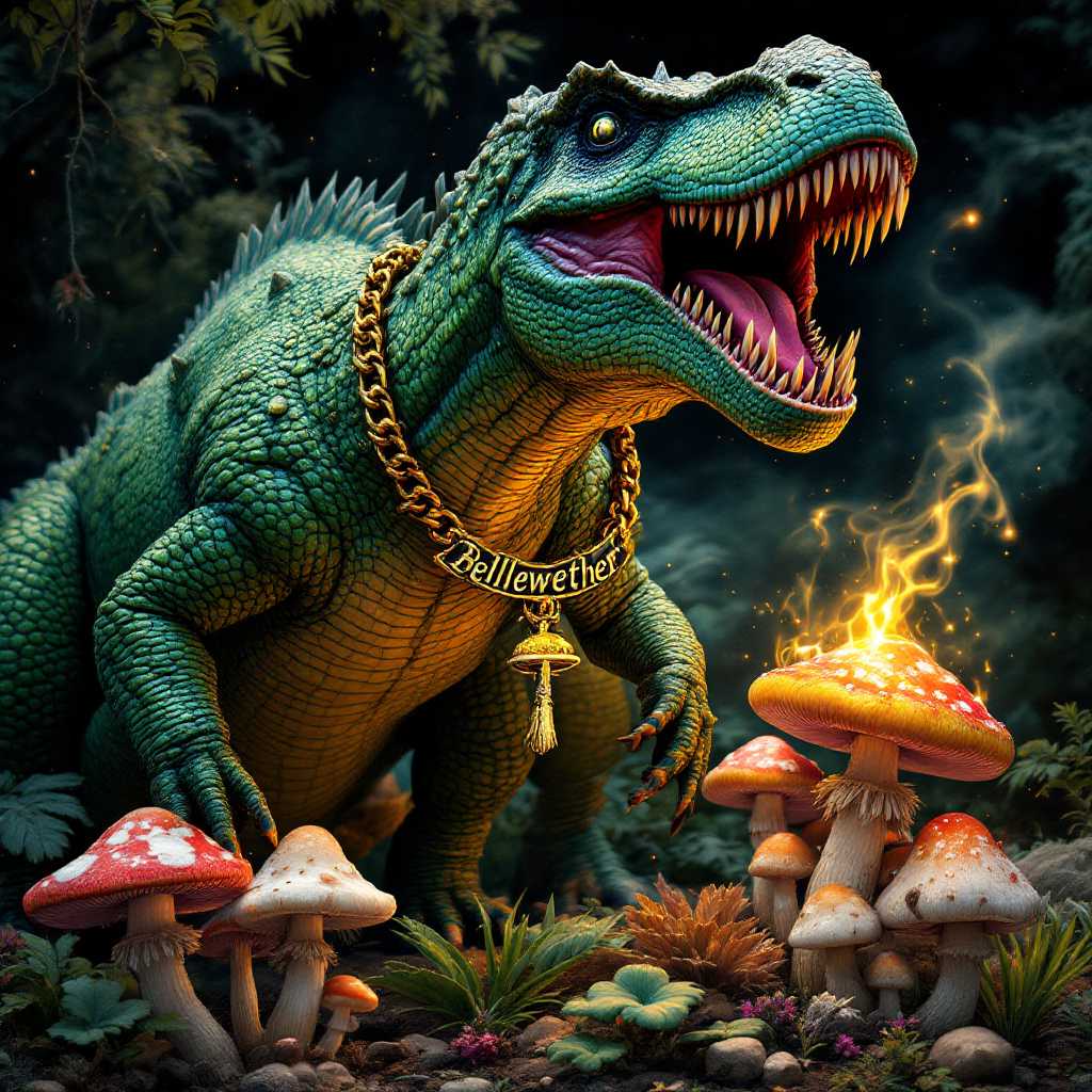 A dinosaur with a gold chain that reads “bellwether” trippin on some magic mushrooms